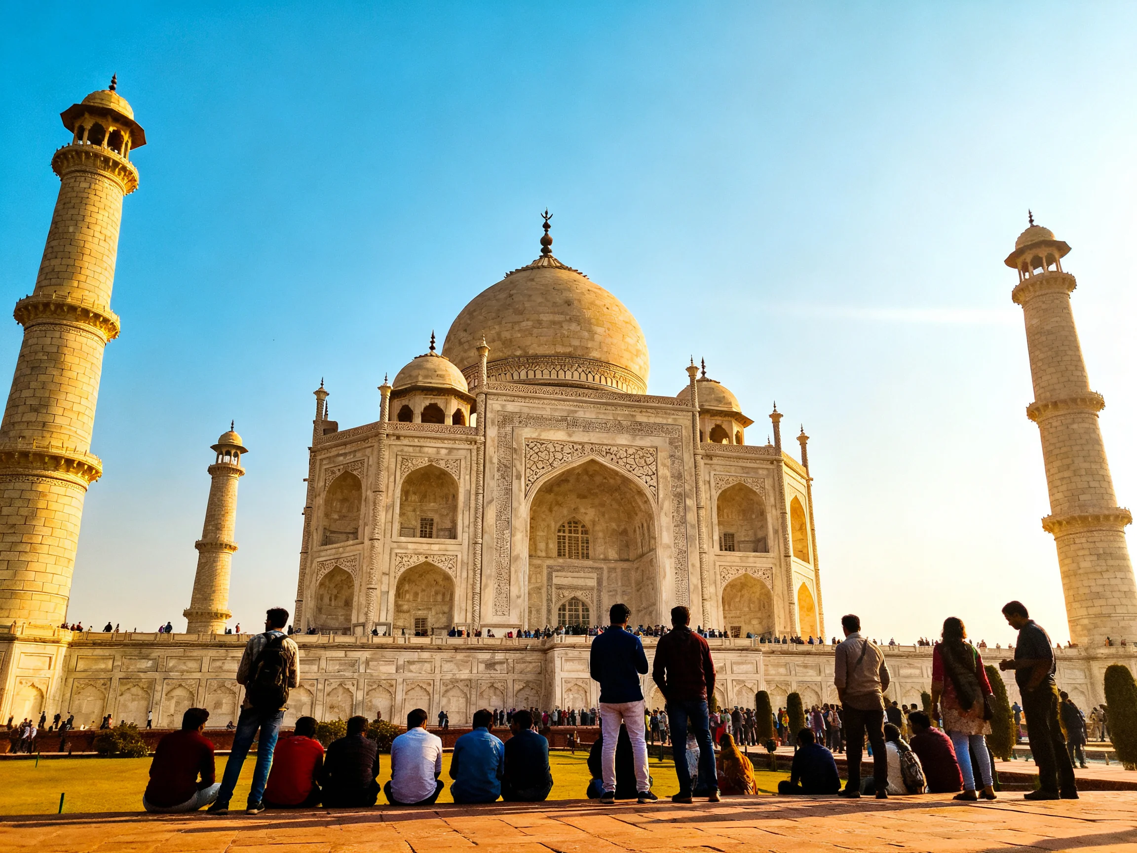 Tourists gather at the magnificent Taj Mahal under clear blue skies