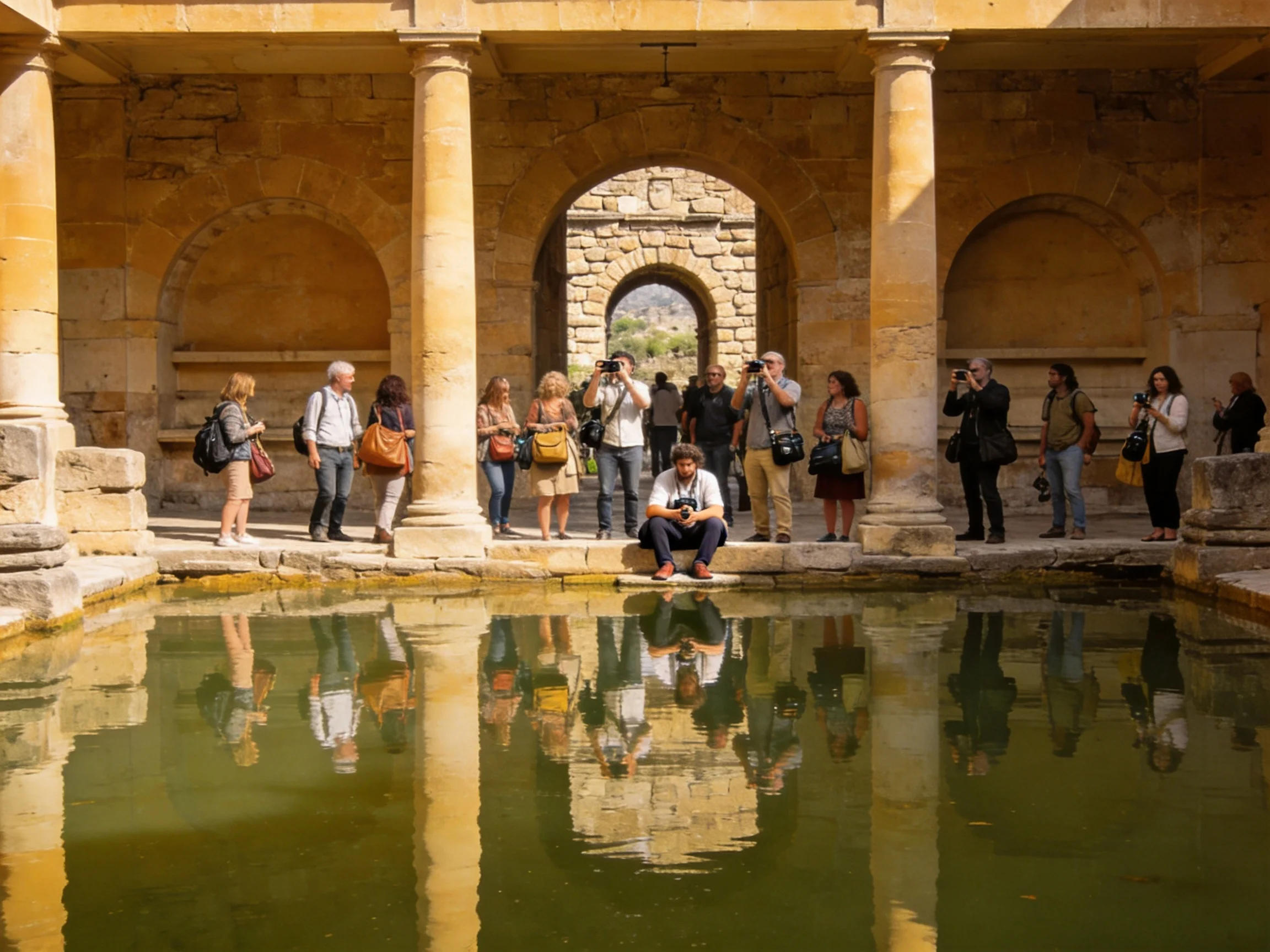 Tourists gather near ancient stone arches by a reflective pool