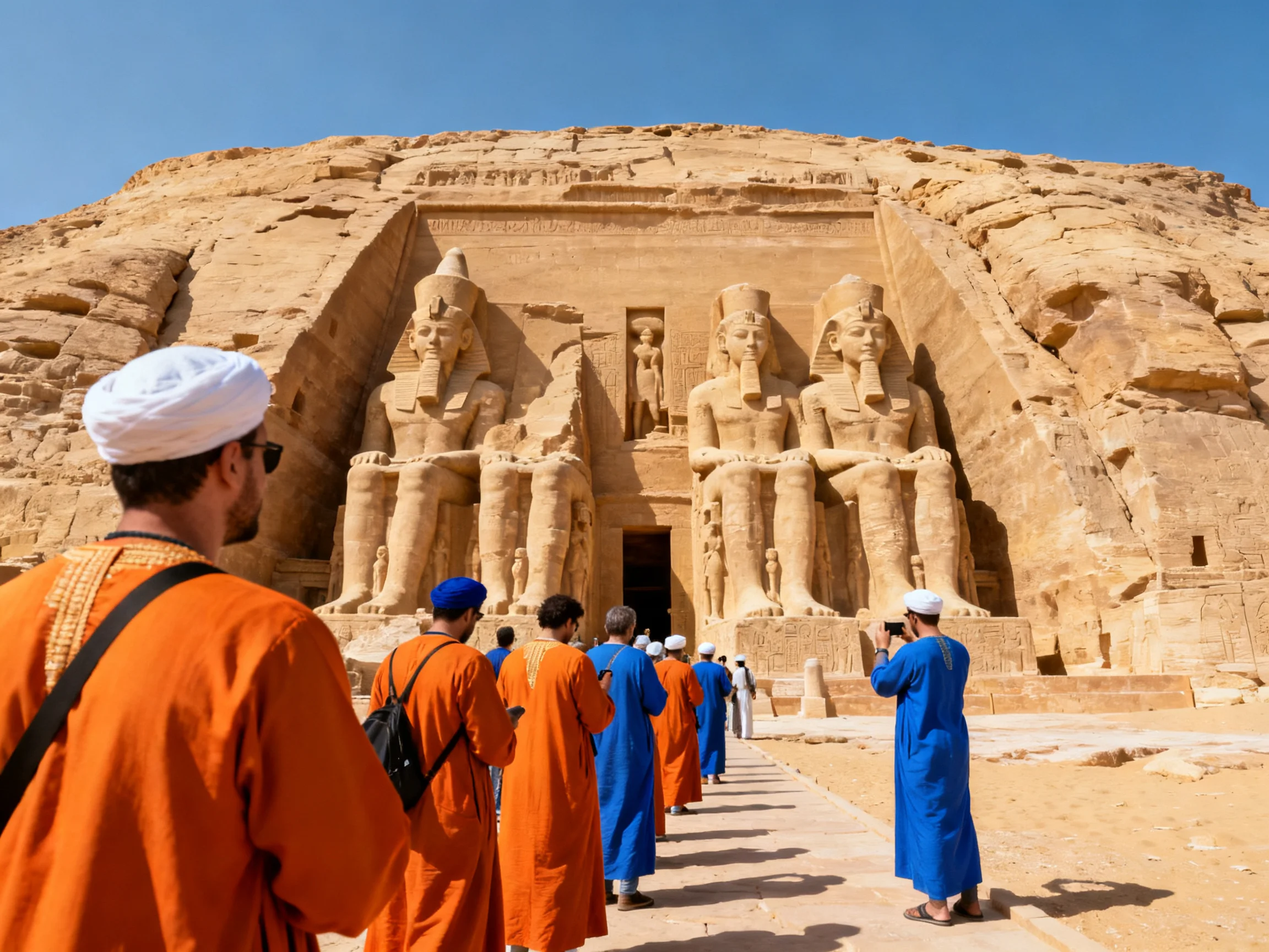 Tourists in orange and blue robes visit an ancient sandstone temple with giant statues