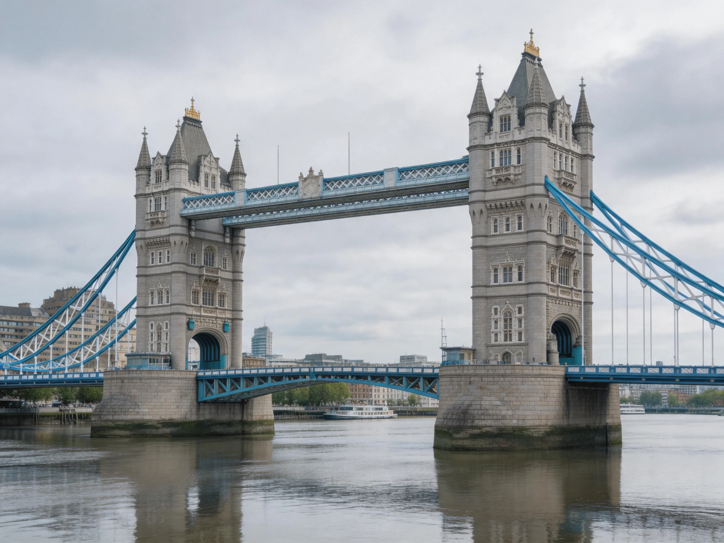 Tower Bridge with blue suspension and stone towers spanning water