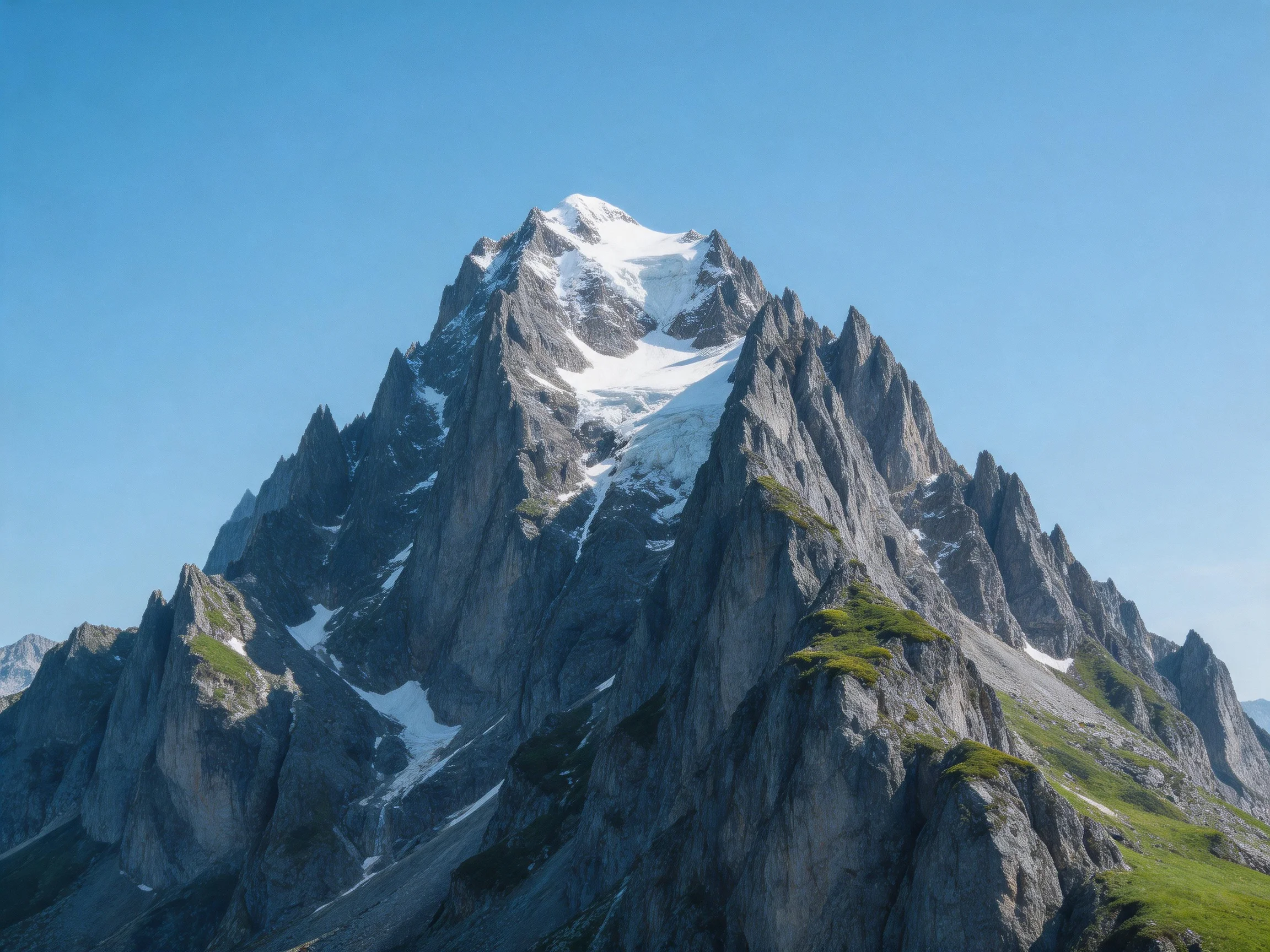 Towering Snow-Capped Mountain with Jagged Rock Faces and Green Slopes