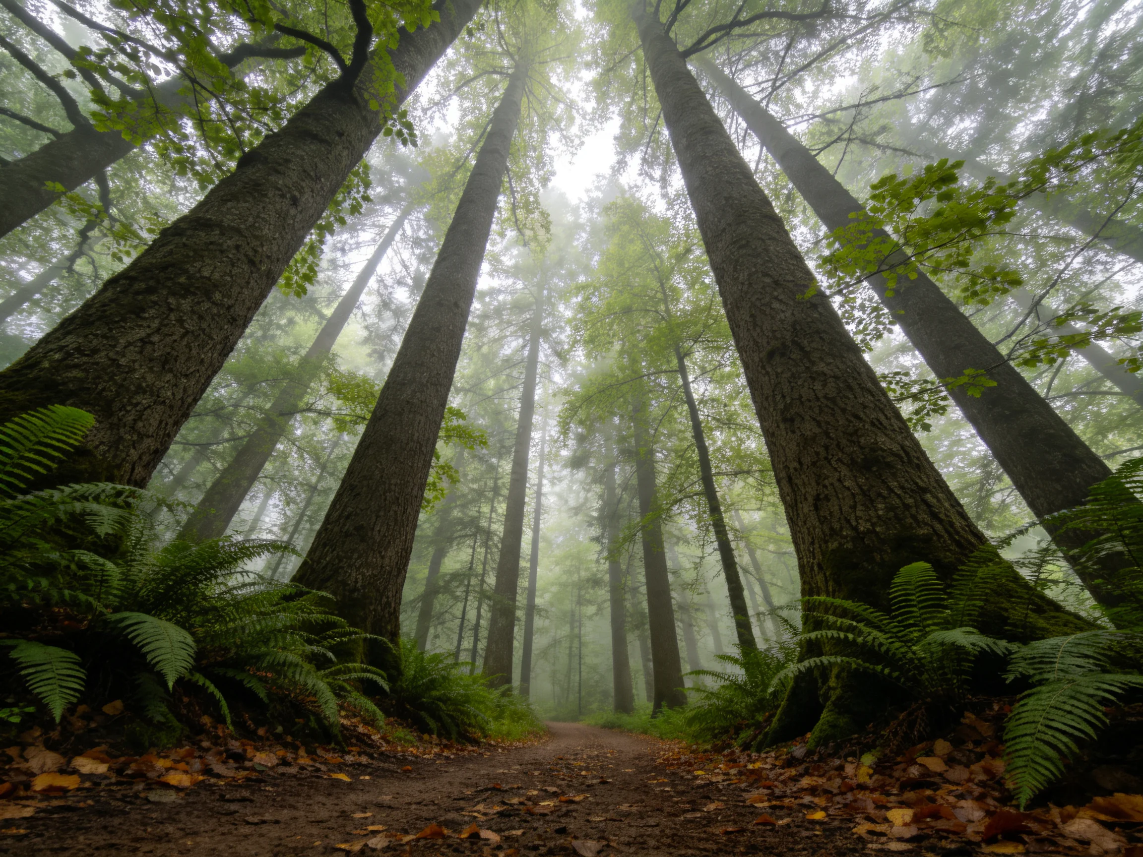 Towering ancient trees frame a misty forest trail