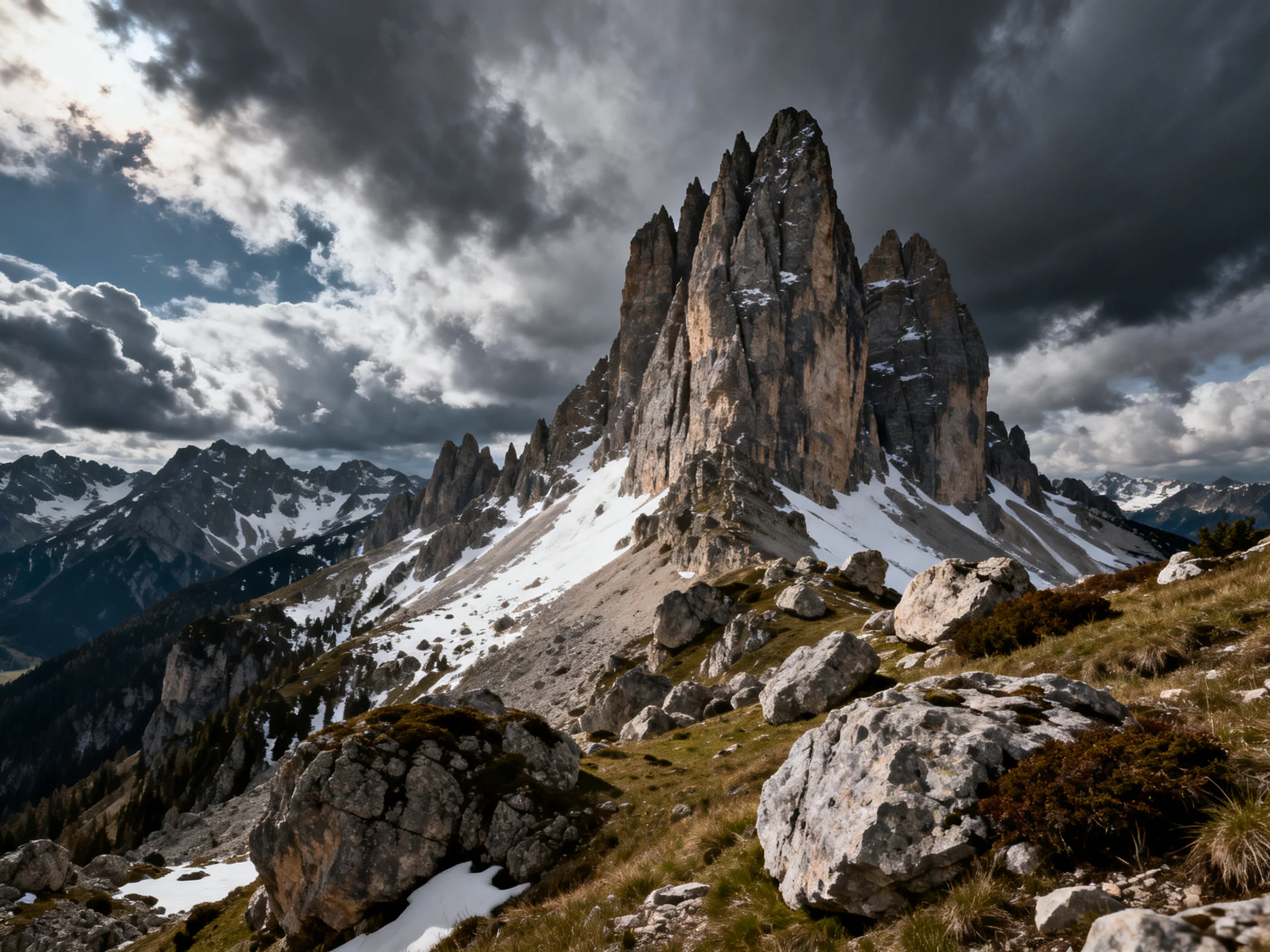Towering jagged peaks with patches of snow under stormy skies