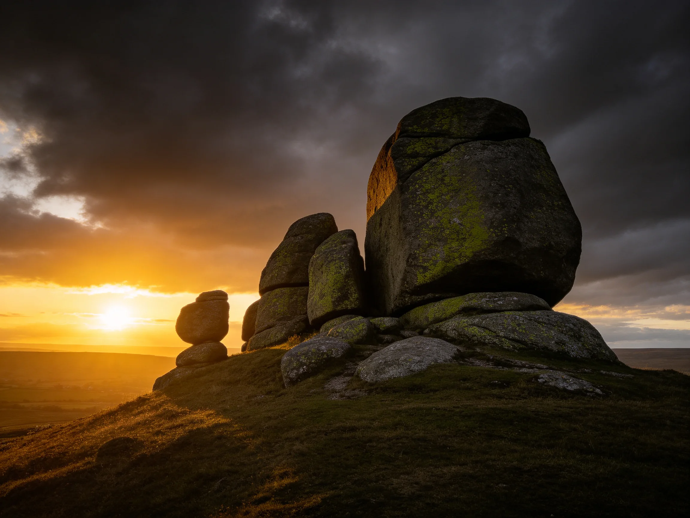 Towering moss-draped rocks beneath a stormy sunset sky