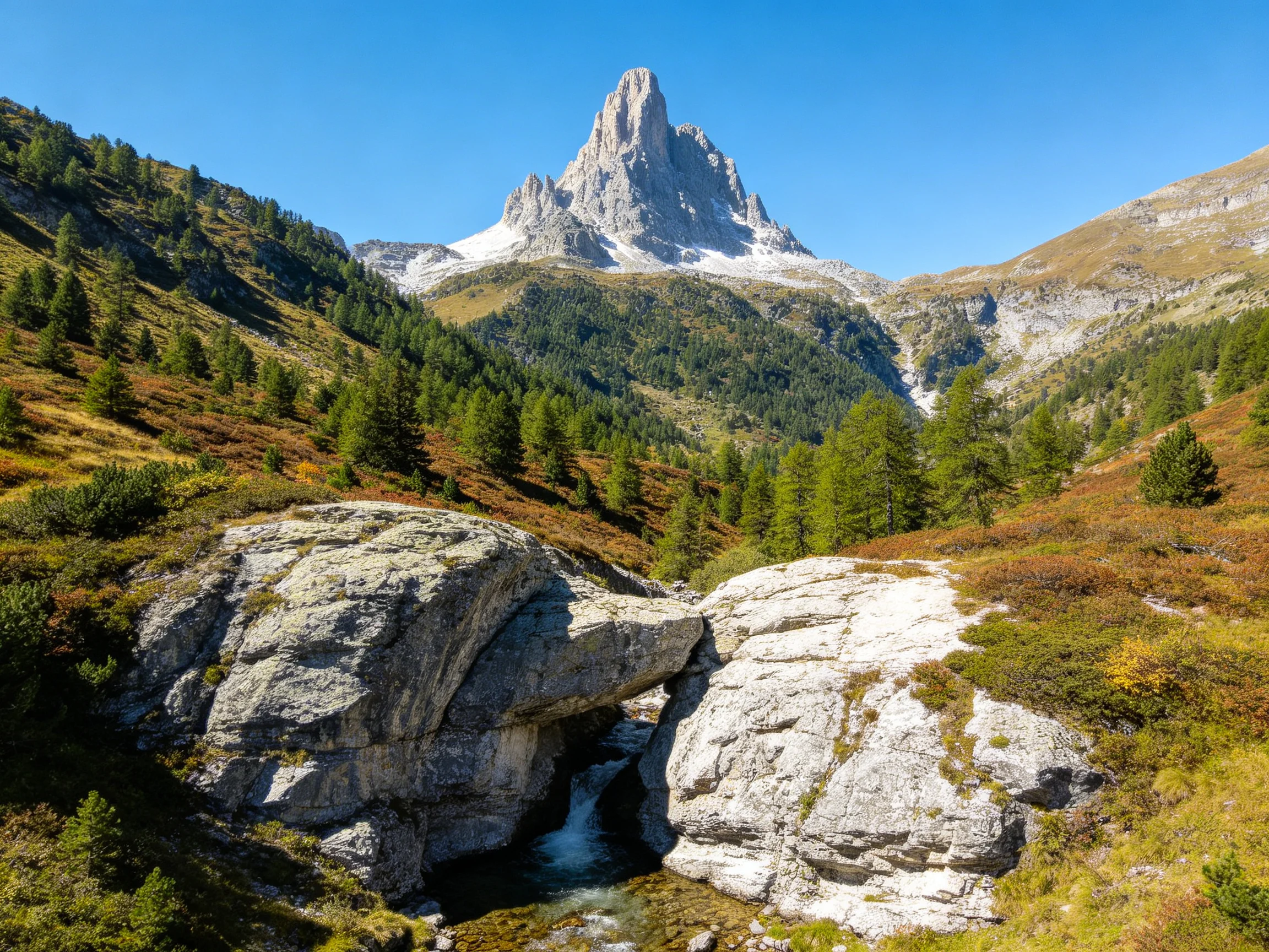Towering mountain peak over rocky stream with lush greenery
