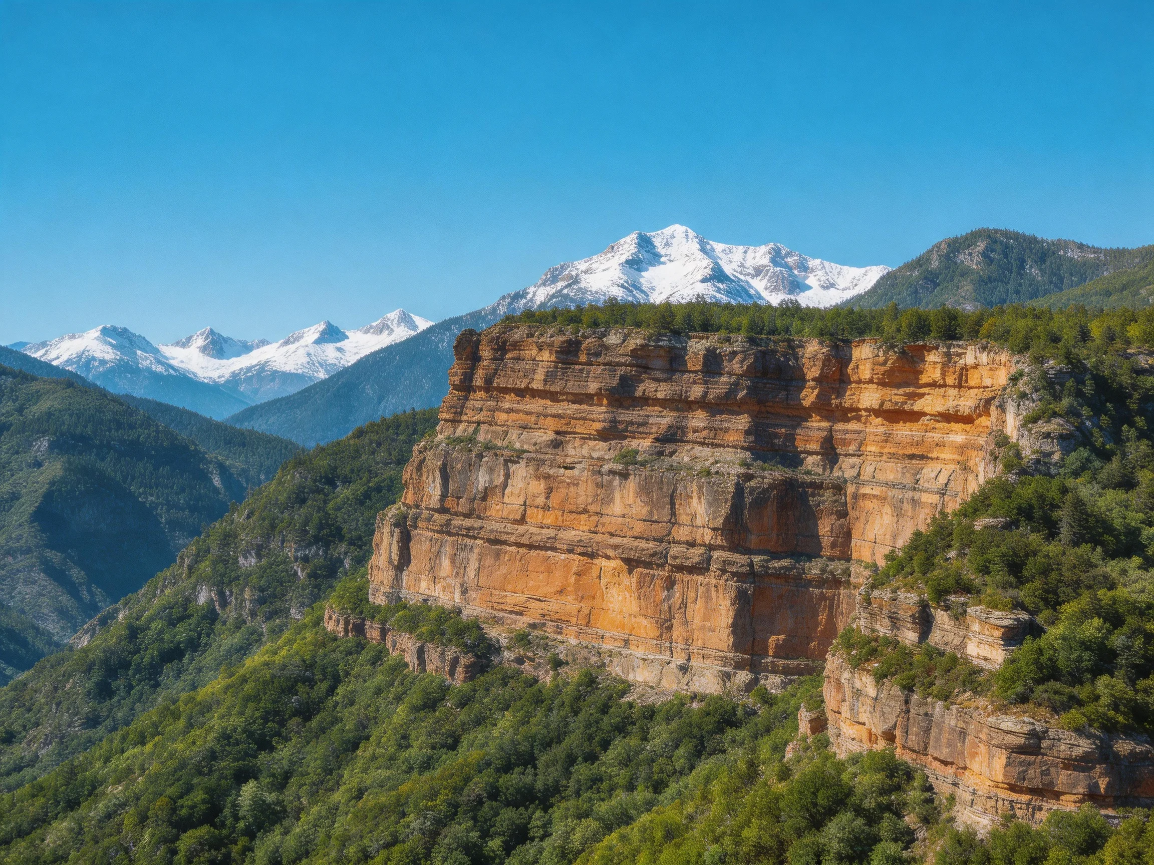 Towering orange cliffs, lush green forests, and snow-capped mountains under clear blue sky