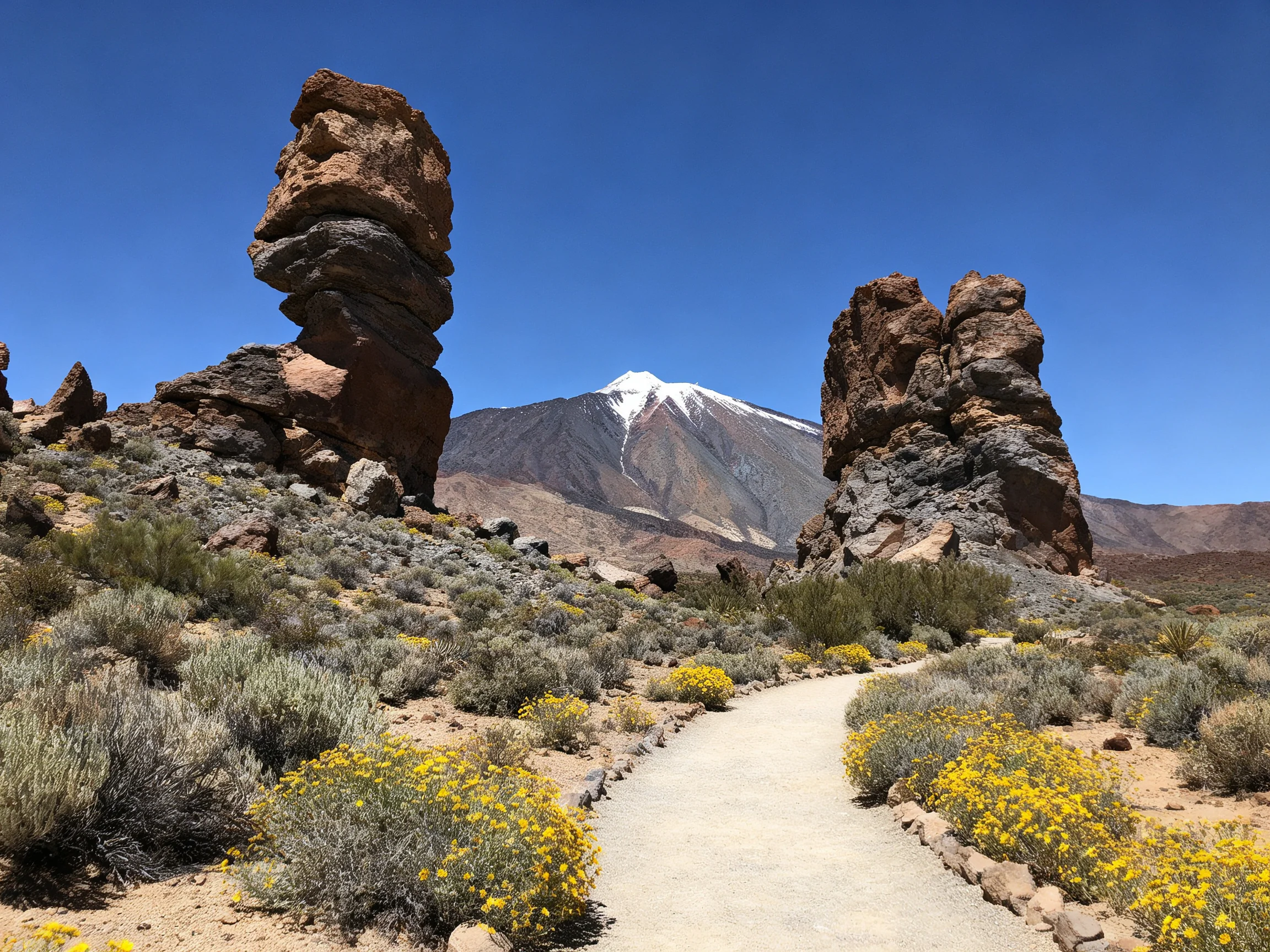 Towering rock formations near a snow-capped mountain with yellow wildflowers
