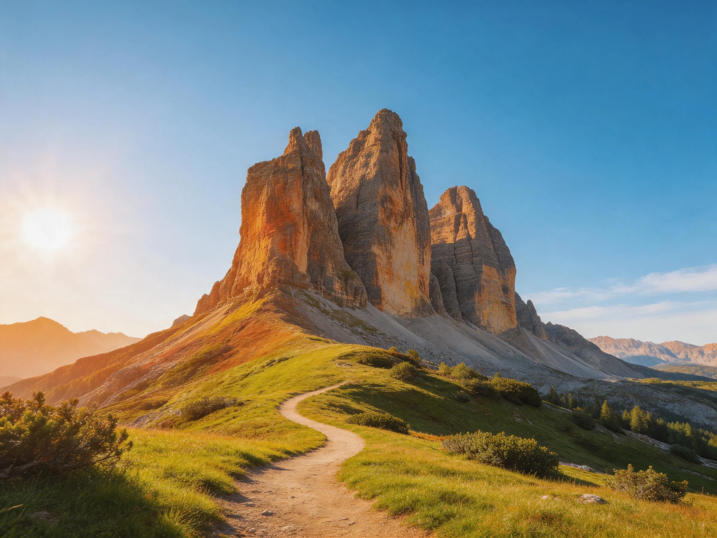Towering rock formations rise above a sunlit alpine meadow with a winding dirt path.