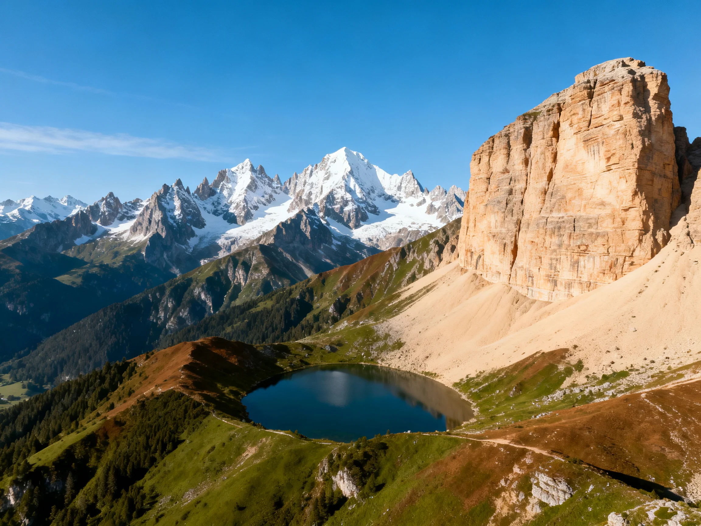 Towering rock formations, snow-capped mountain peaks, and a serene alpine lake