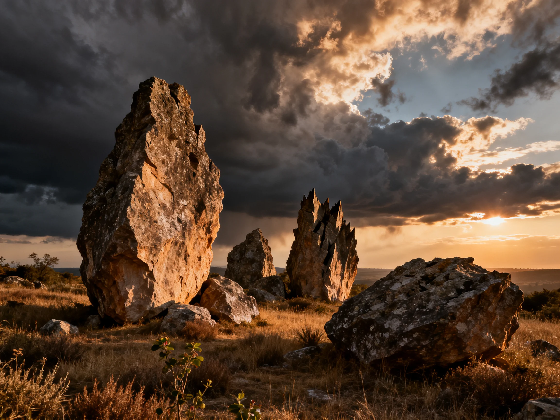 Towering rock formations under a stormy, golden-hued sky