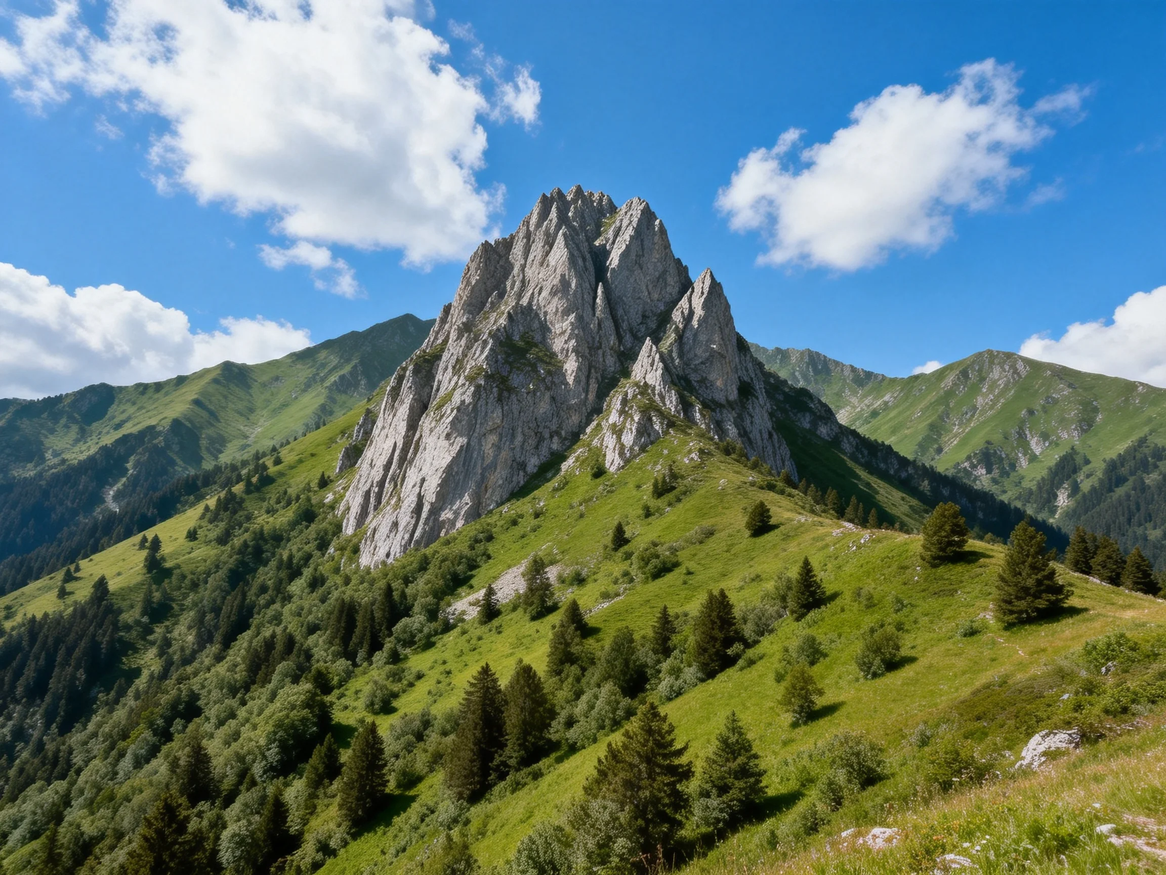 Towering rocky peak amidst lush green mountains under bright blue sky