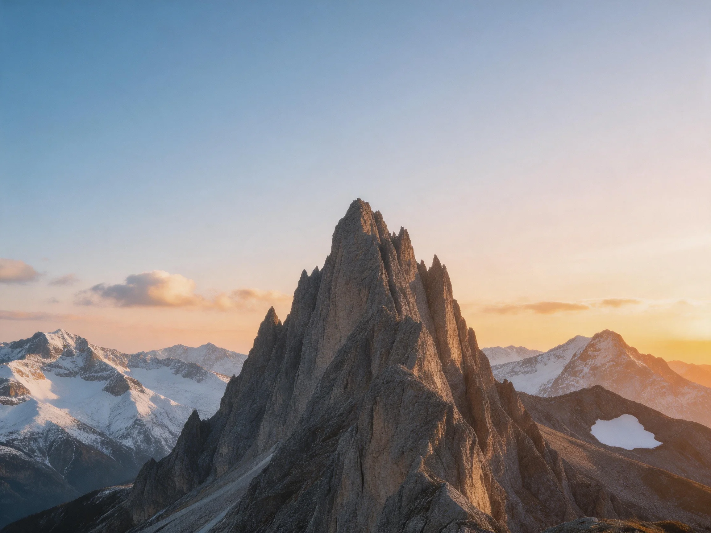 Towering rocky peak amidst snow-capped mountains under warm sunset sky