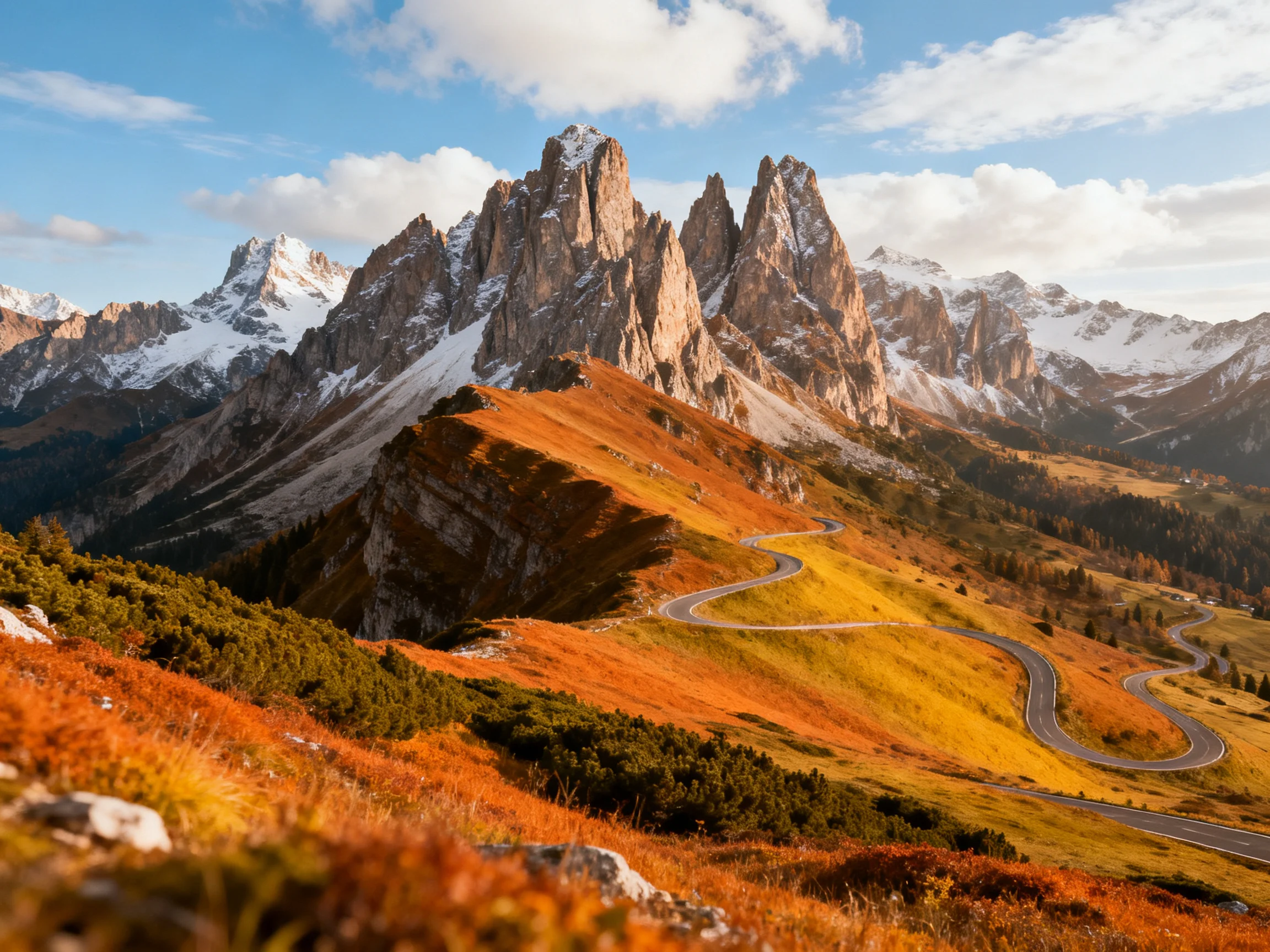 Towering snow - capped peaks overlook winding roads through autumn - hued hills