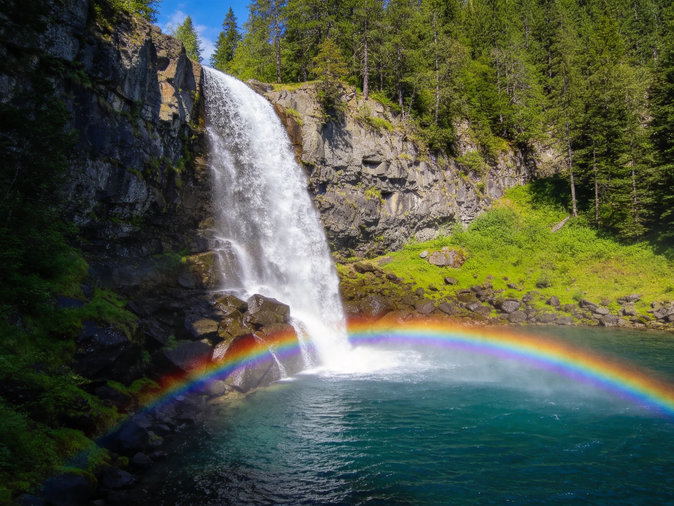 Towering waterfall crashes over rocks with a vibrant rainbow