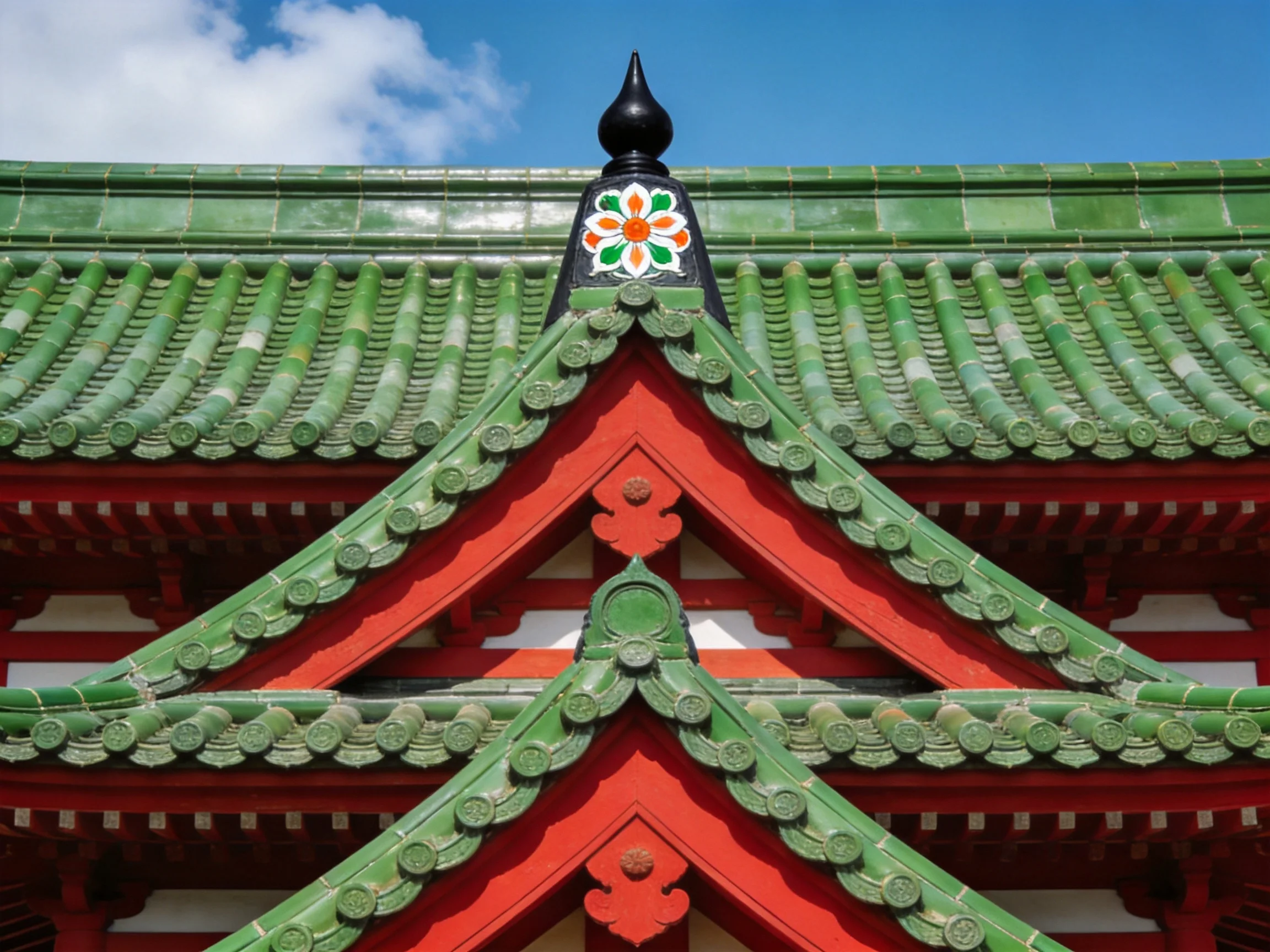 Traditional Building with Vibrant Green Tile Roofs and Red Wooden Accents