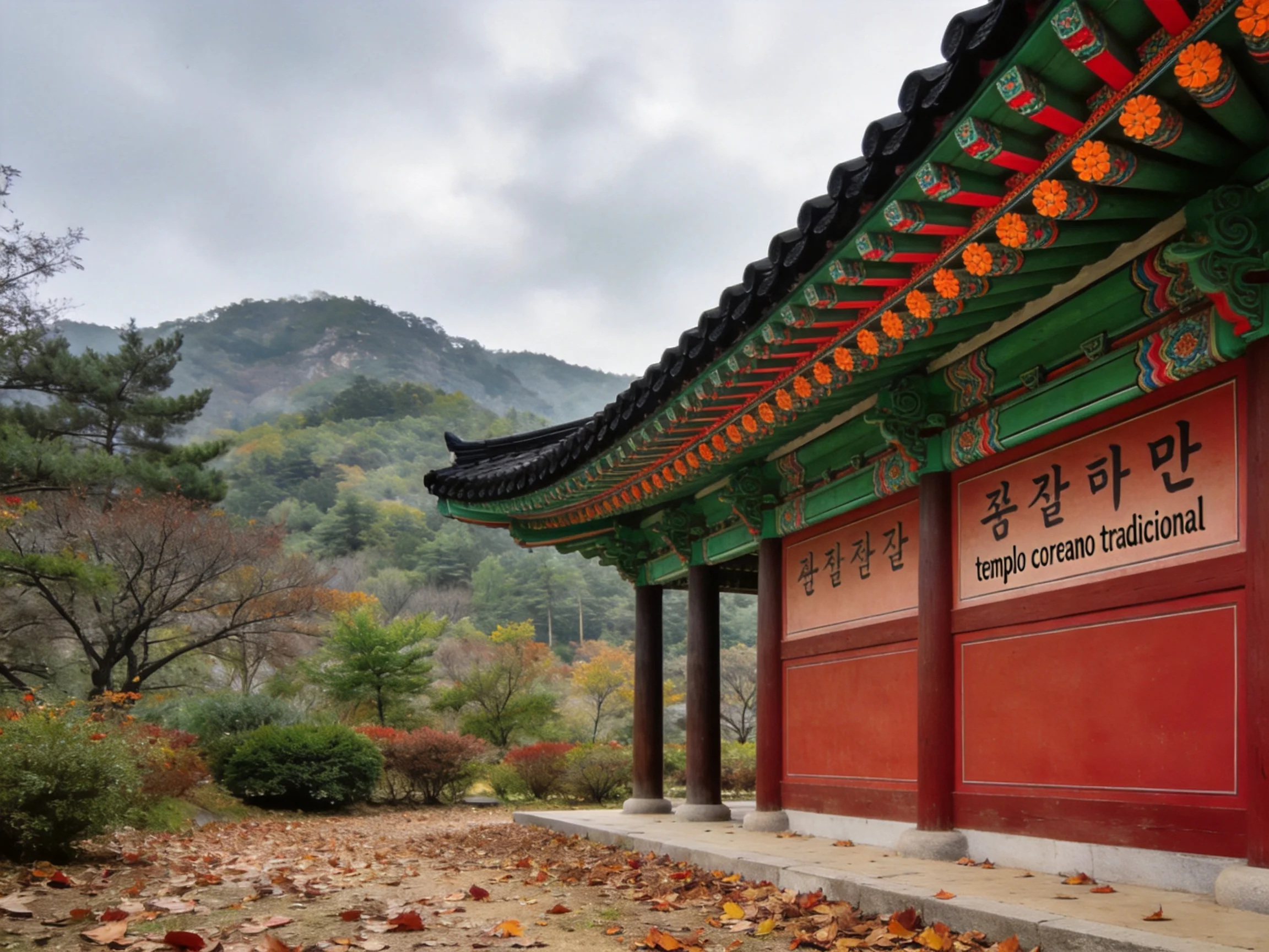Traditional Korean Temple with Red Walls and Green Roof Amidst Autumn Foliage