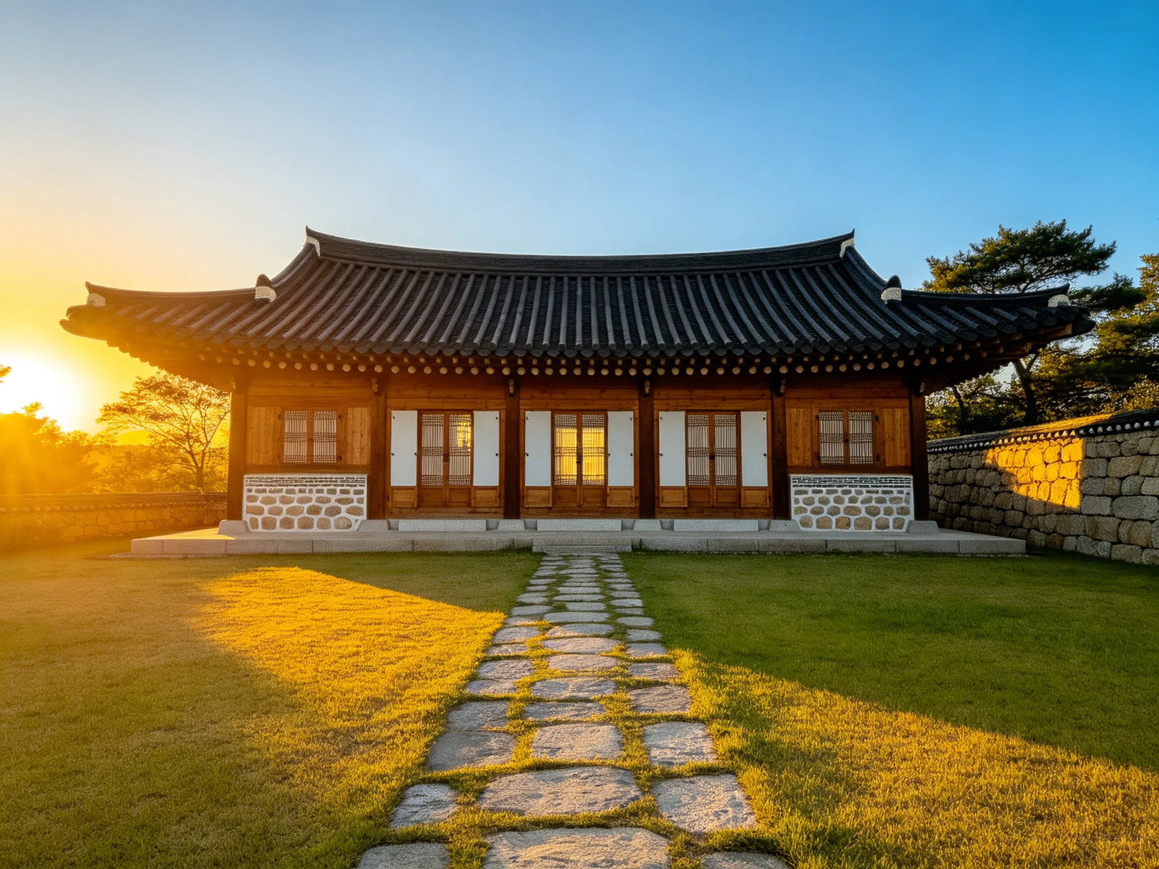 Traditional Korean house with dark roof, stone path, and golden sunset