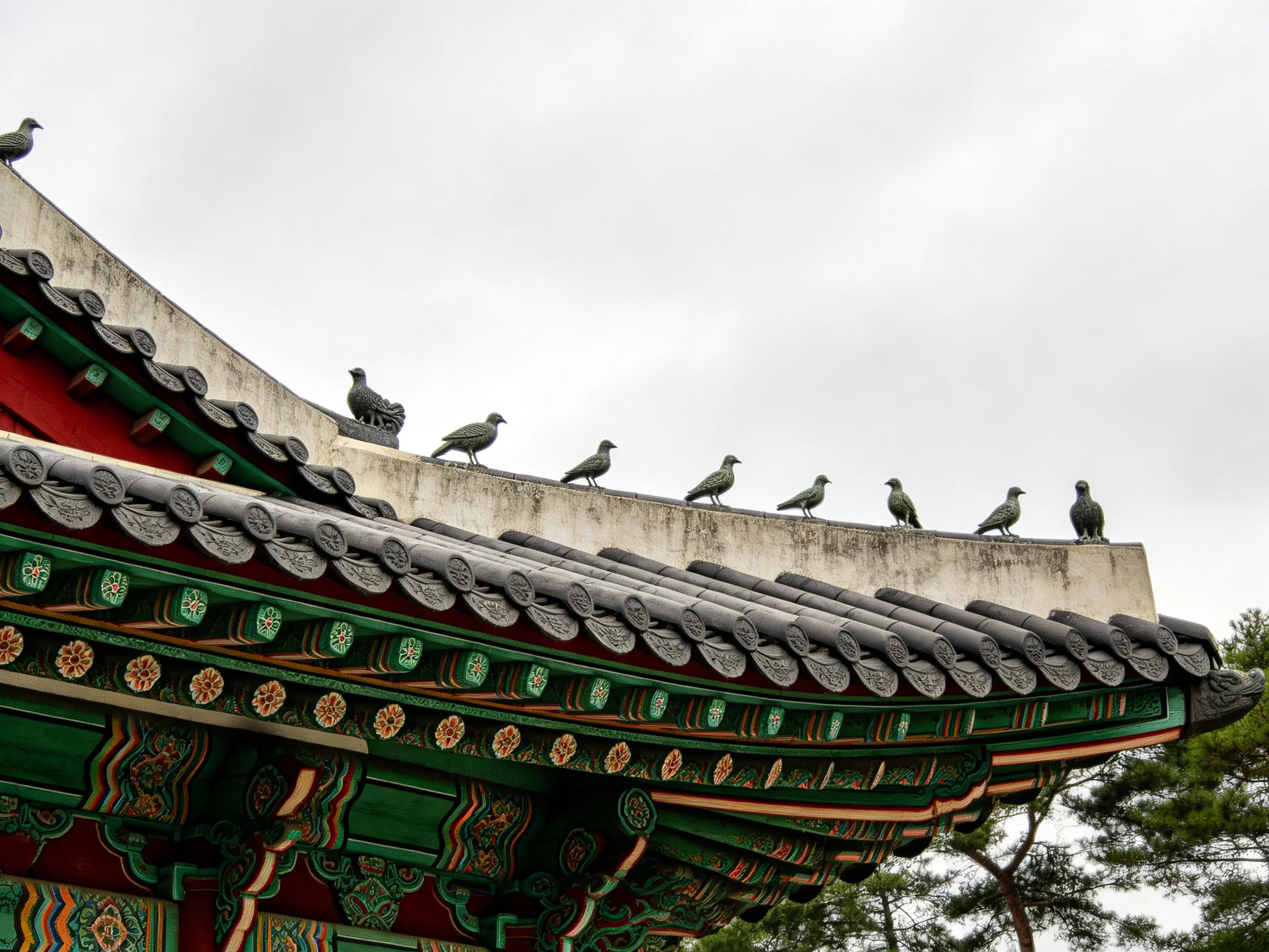 Traditional Ornate Roof with Multiple Colorful Birds