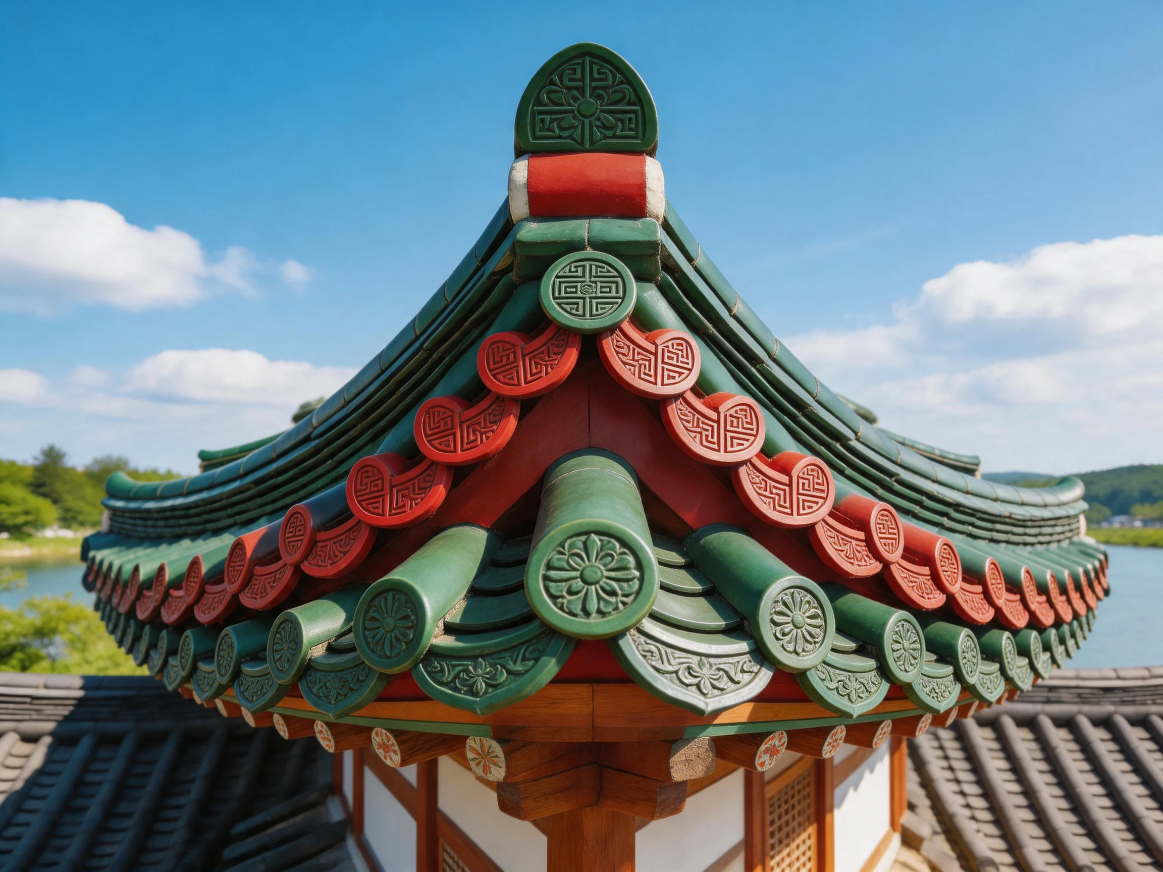 Traditional Roof with Vibrant Green and Red Tile Details