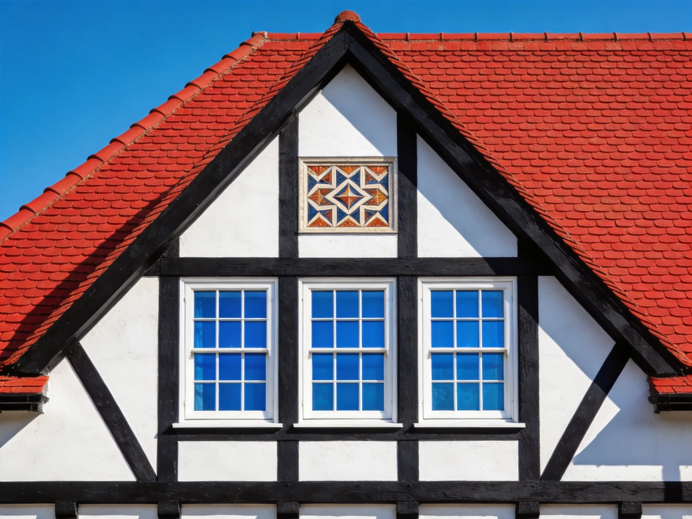 Traditional half - timbered house with red roof and blue windows