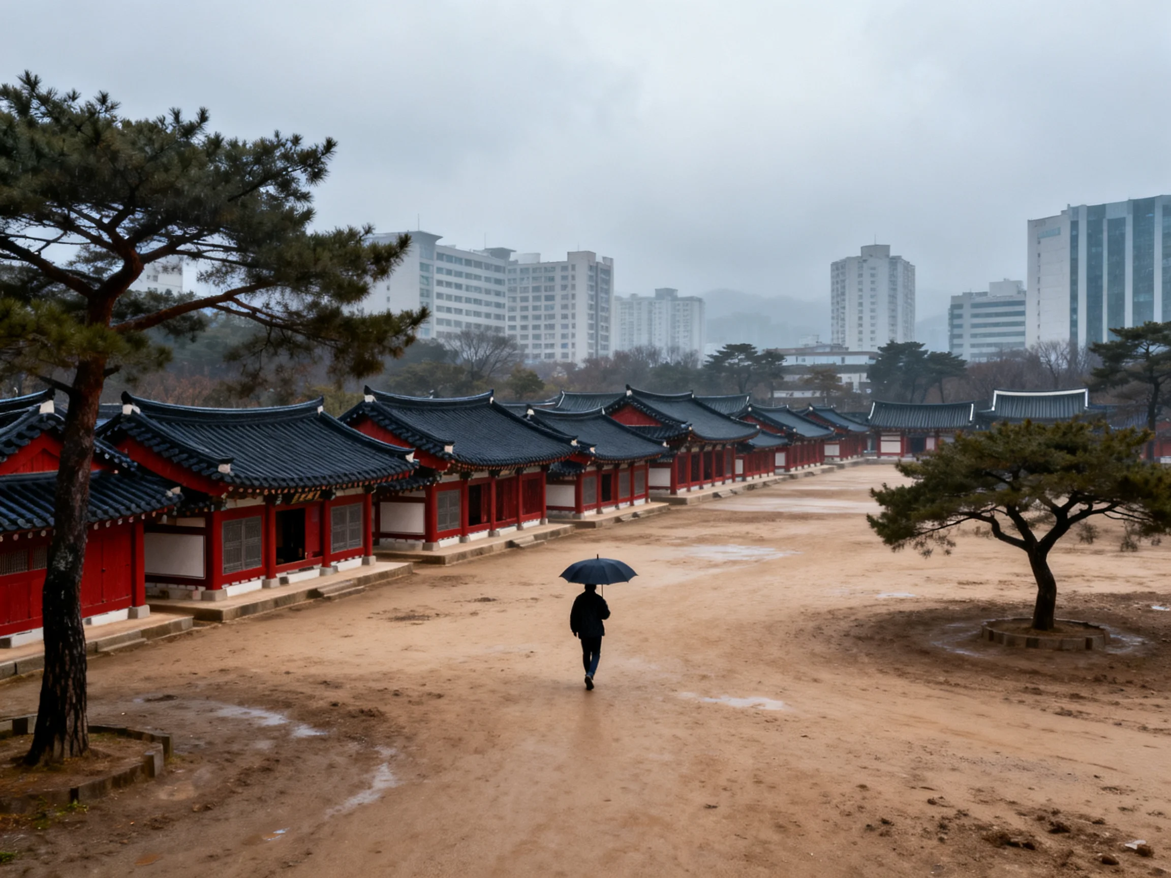 Traditional red-roofed structures beside modern high-rises on a rainy day