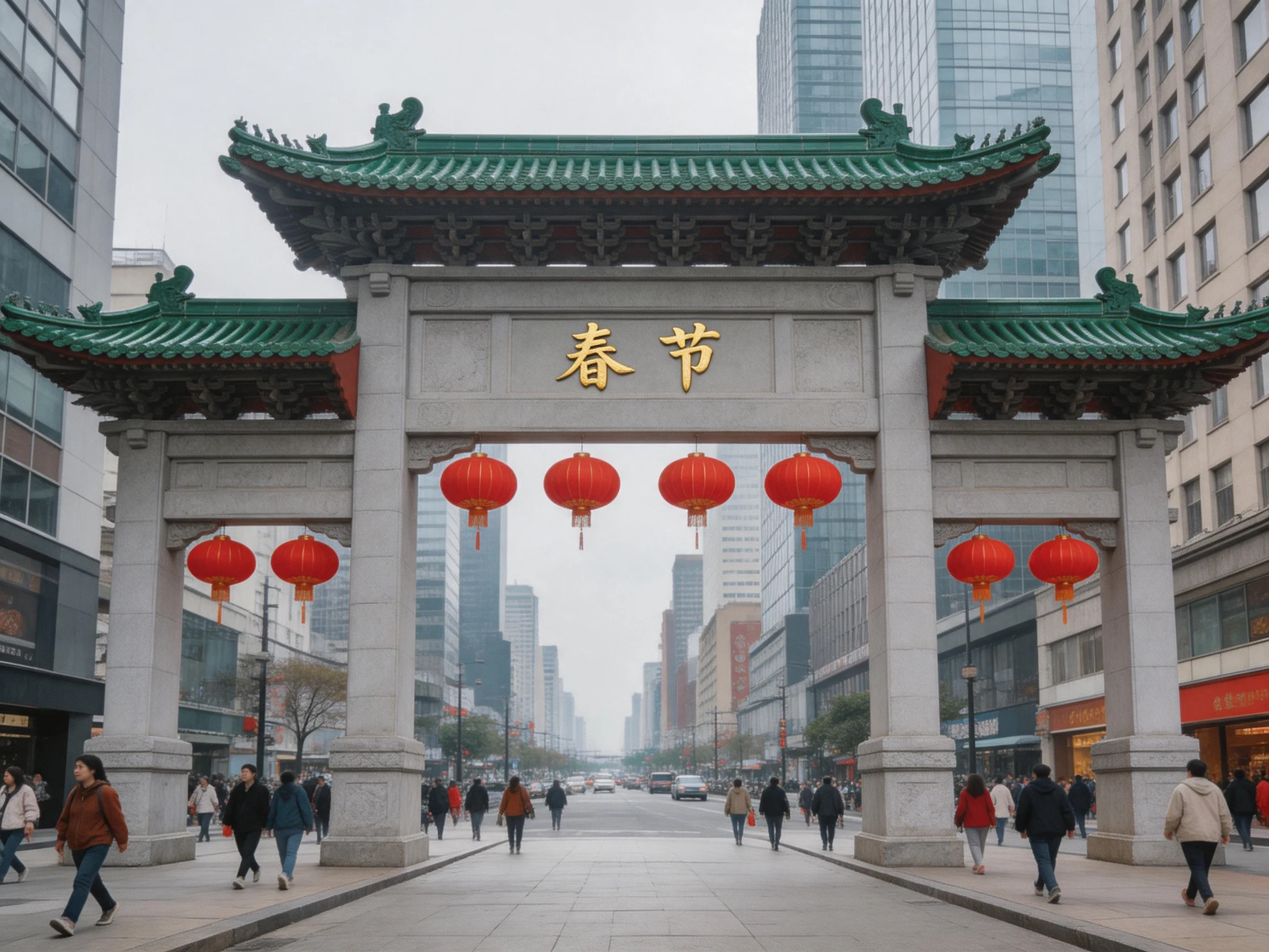 Traditional stone archway with green tiled roof, red lanterns, and Spring Festival inscription