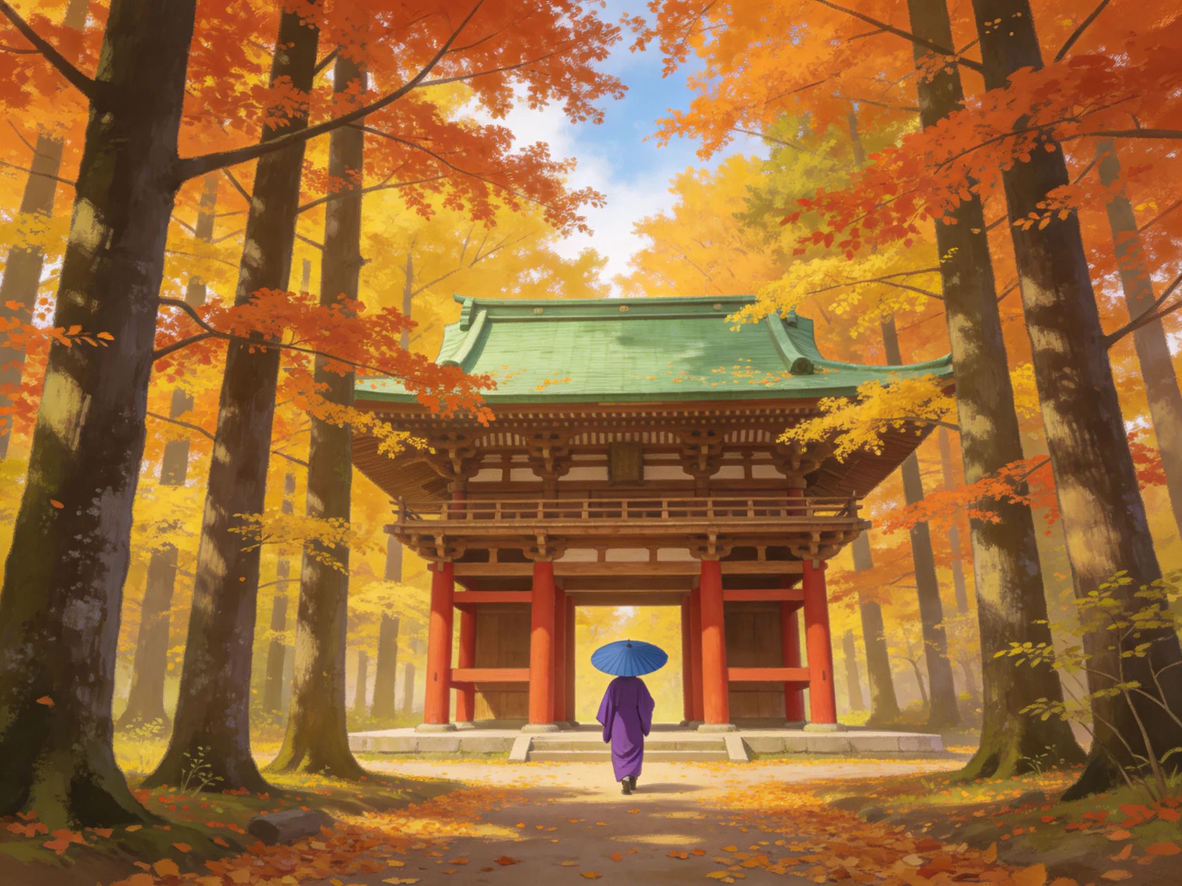Traditional temple amid vibrant autumn trees with a robed figure and blue umbrella