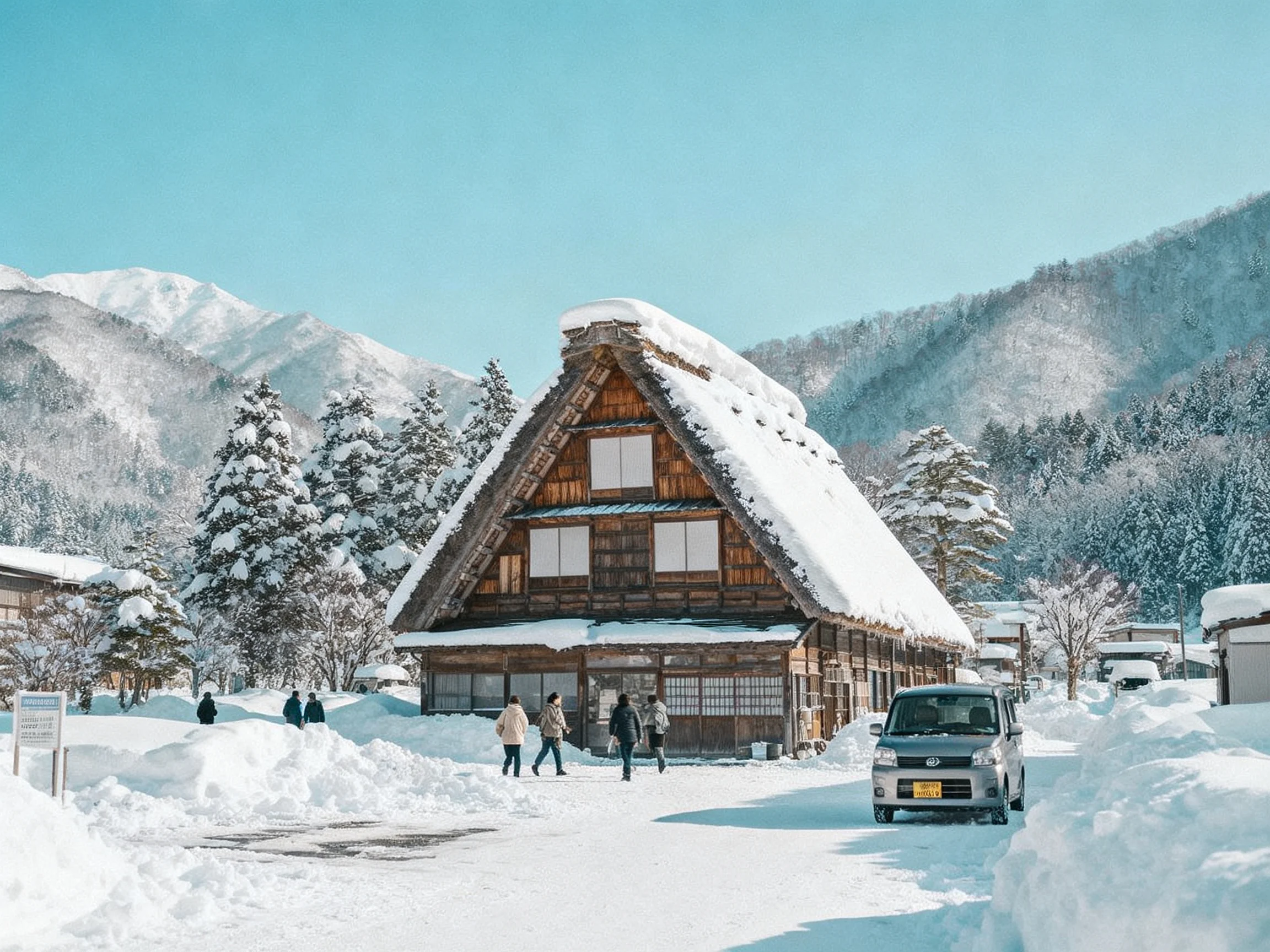 Traditional wooden house with snow-laden roof in mountainous winter landscape