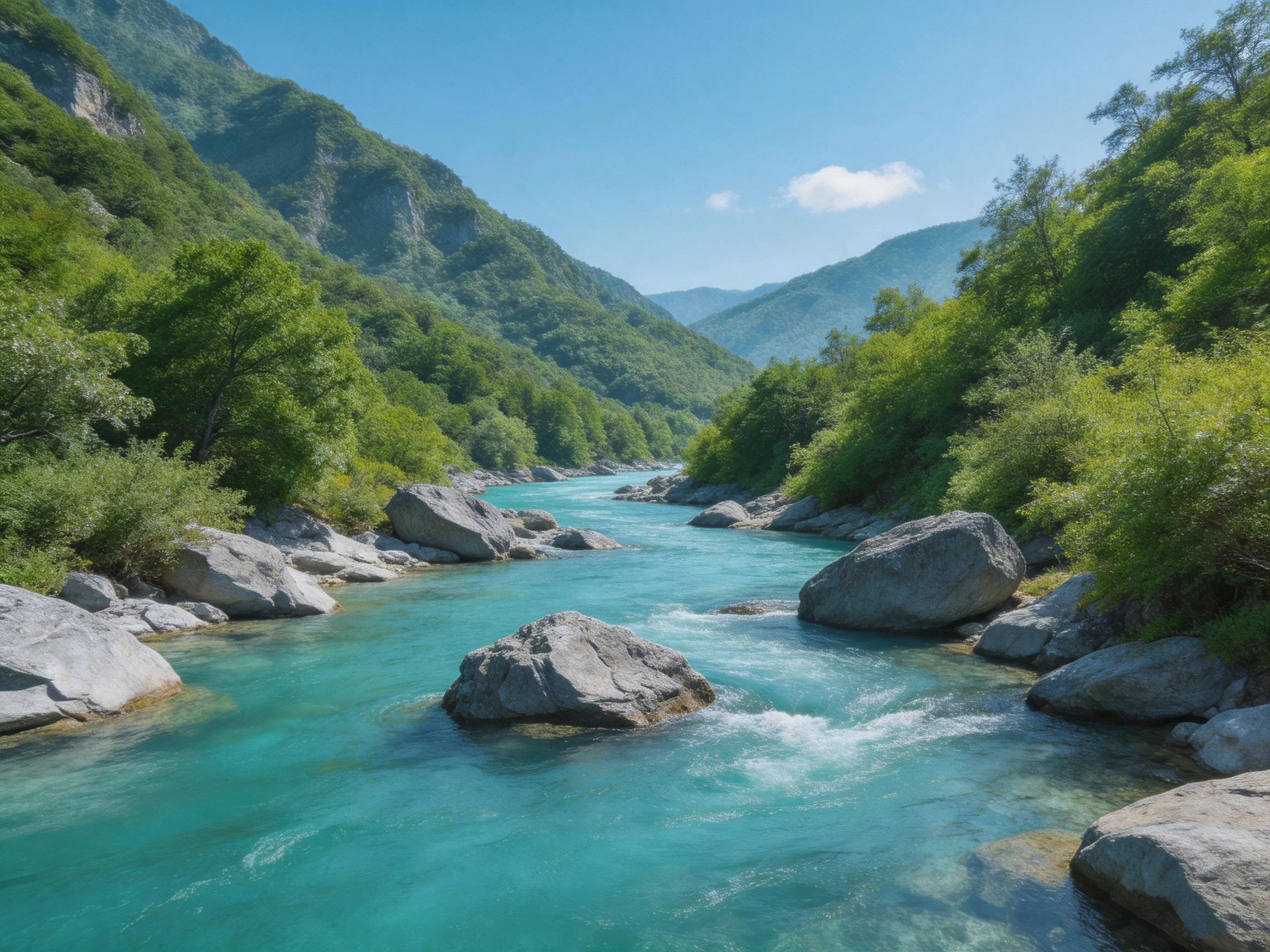 Turquoise River Flows Through Lush Green Mountains With Large Rocks