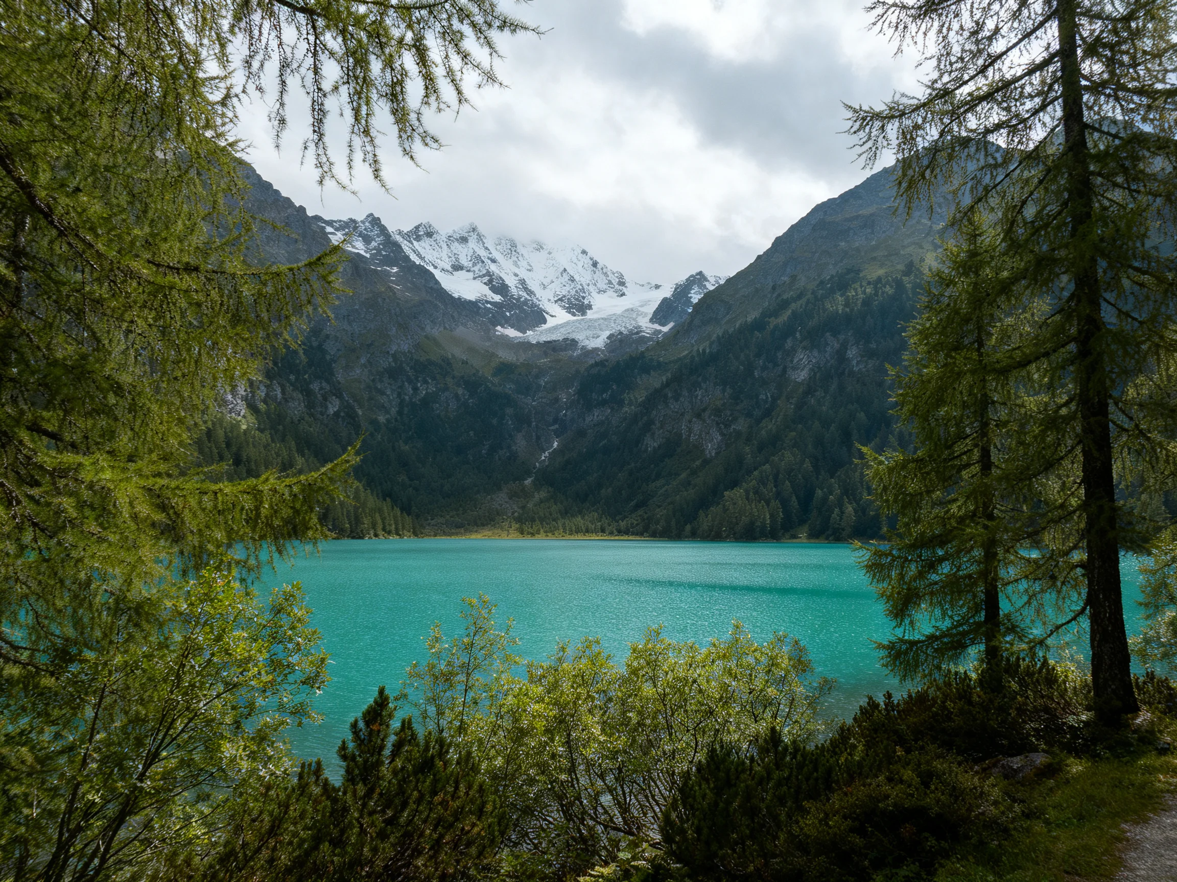 Turquoise lake framed by forested mountains with snow-capped peaks
