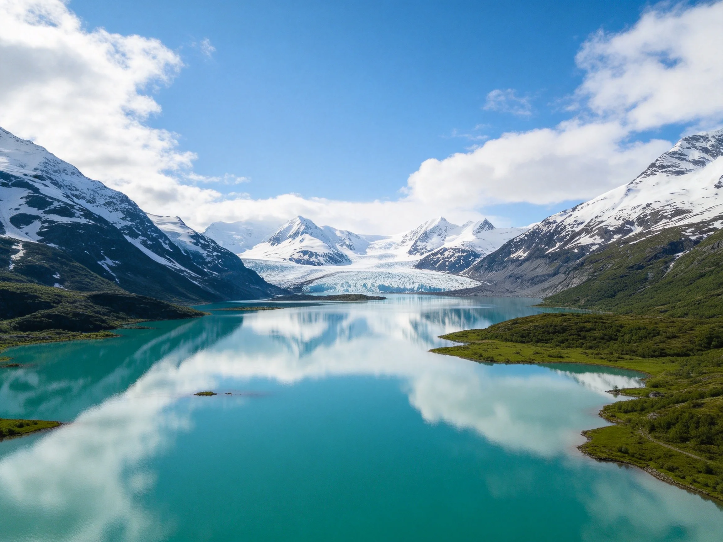 Turquoise lake reflects snowy mountains and a central glacier