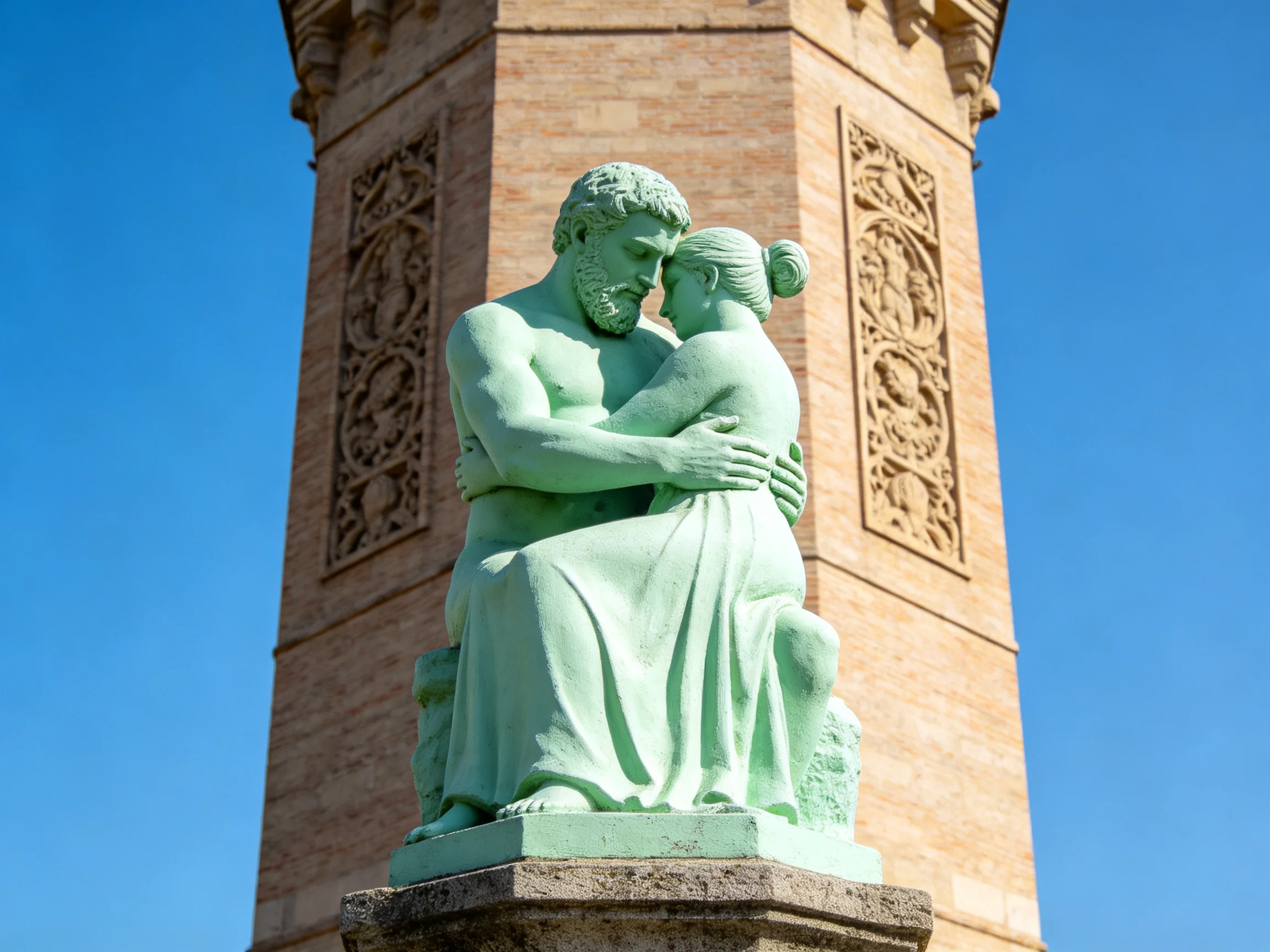 Turquoise statue of embracing figures near ornate brick tower