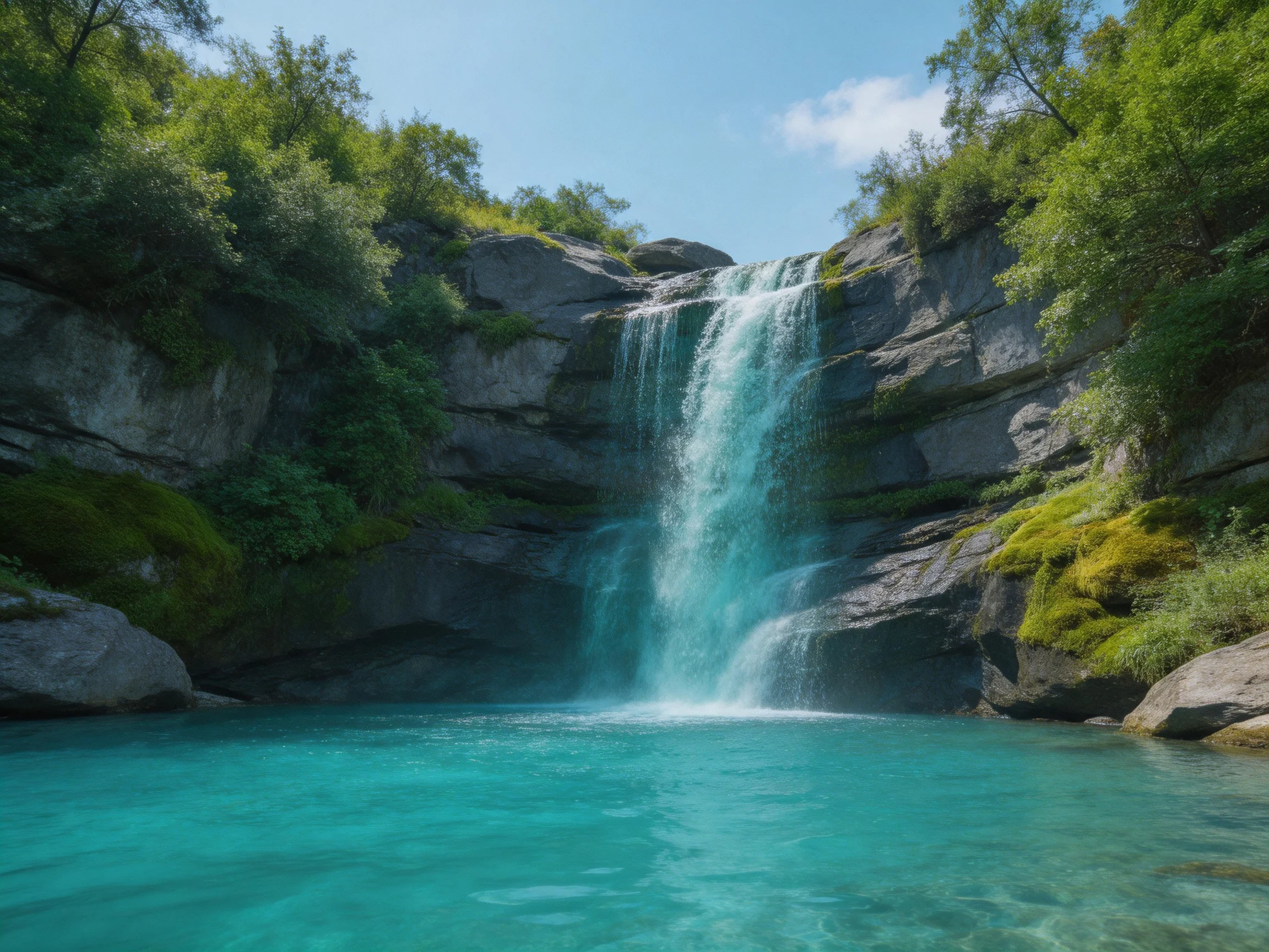 Turquoise waterfall surrounded by moss-covered rock cliffs andlush greenery
