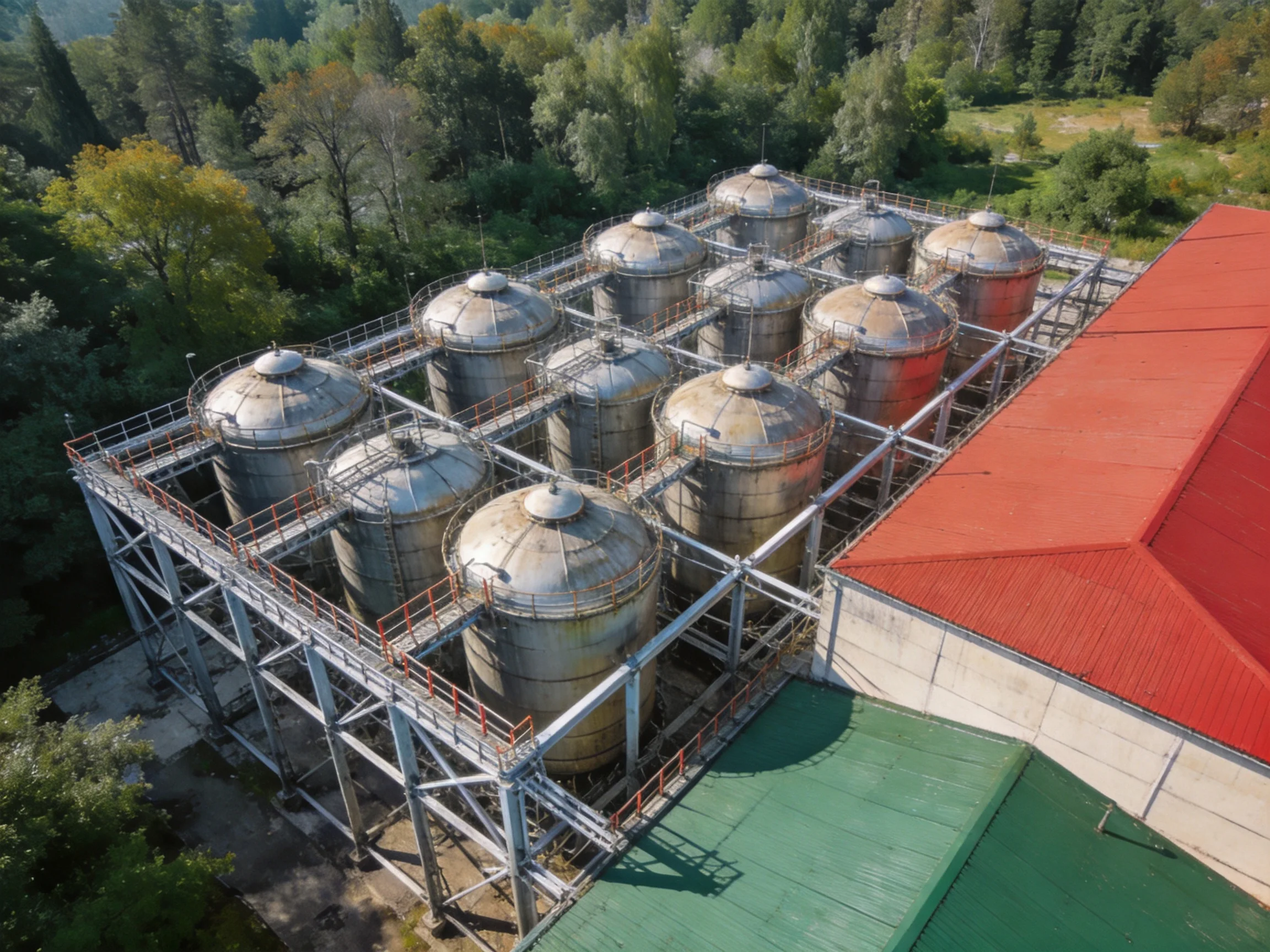 Twelve metallic storage tanks near red and green industrial buildings