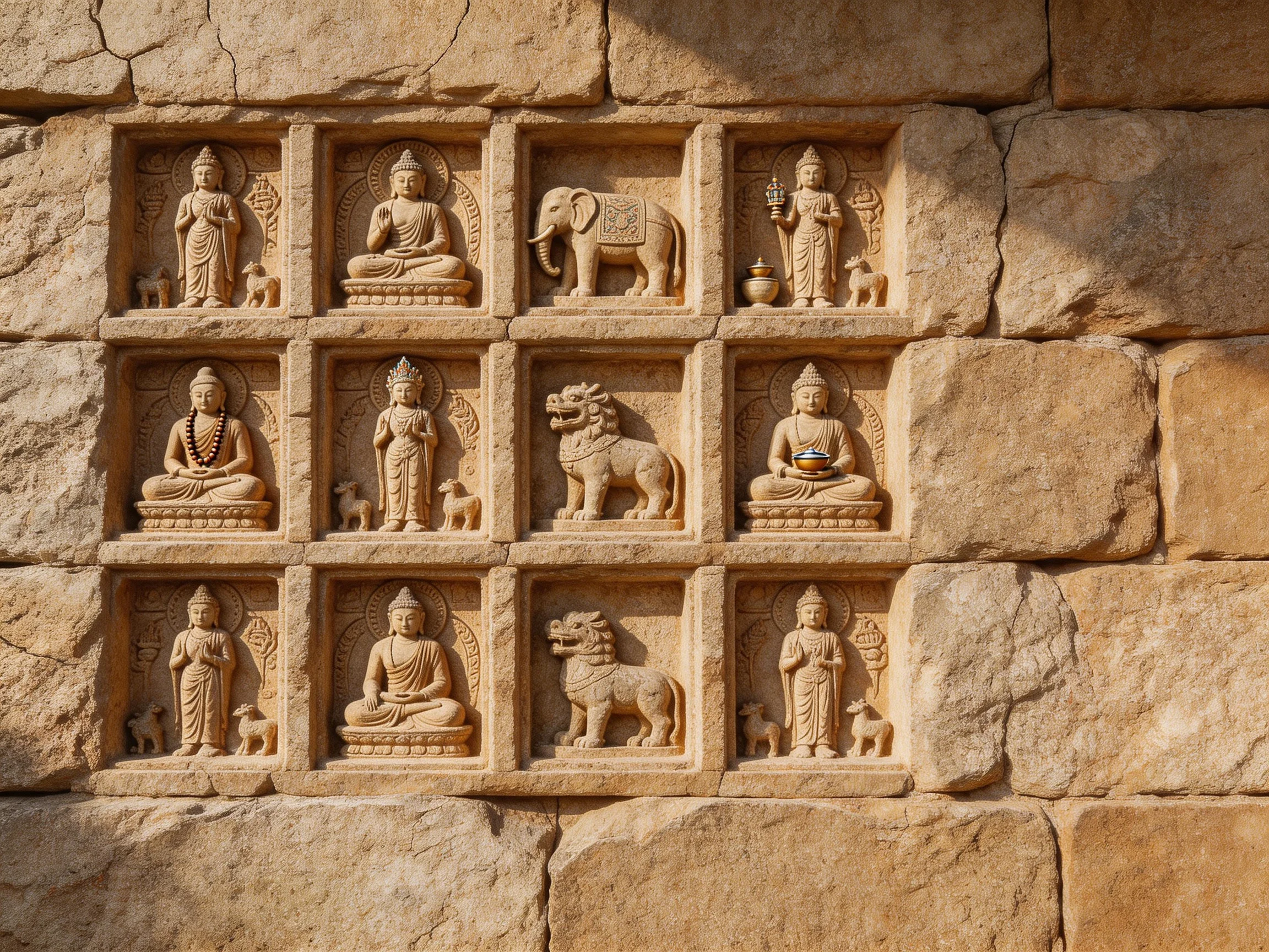 Twelve stone carvings of Buddhas and animals on an aged wall