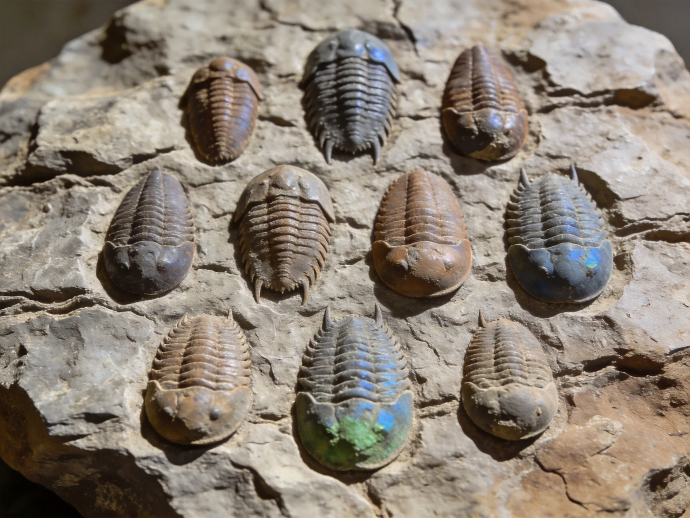 Twelve trilobite fossils embedded in a rocky matrix