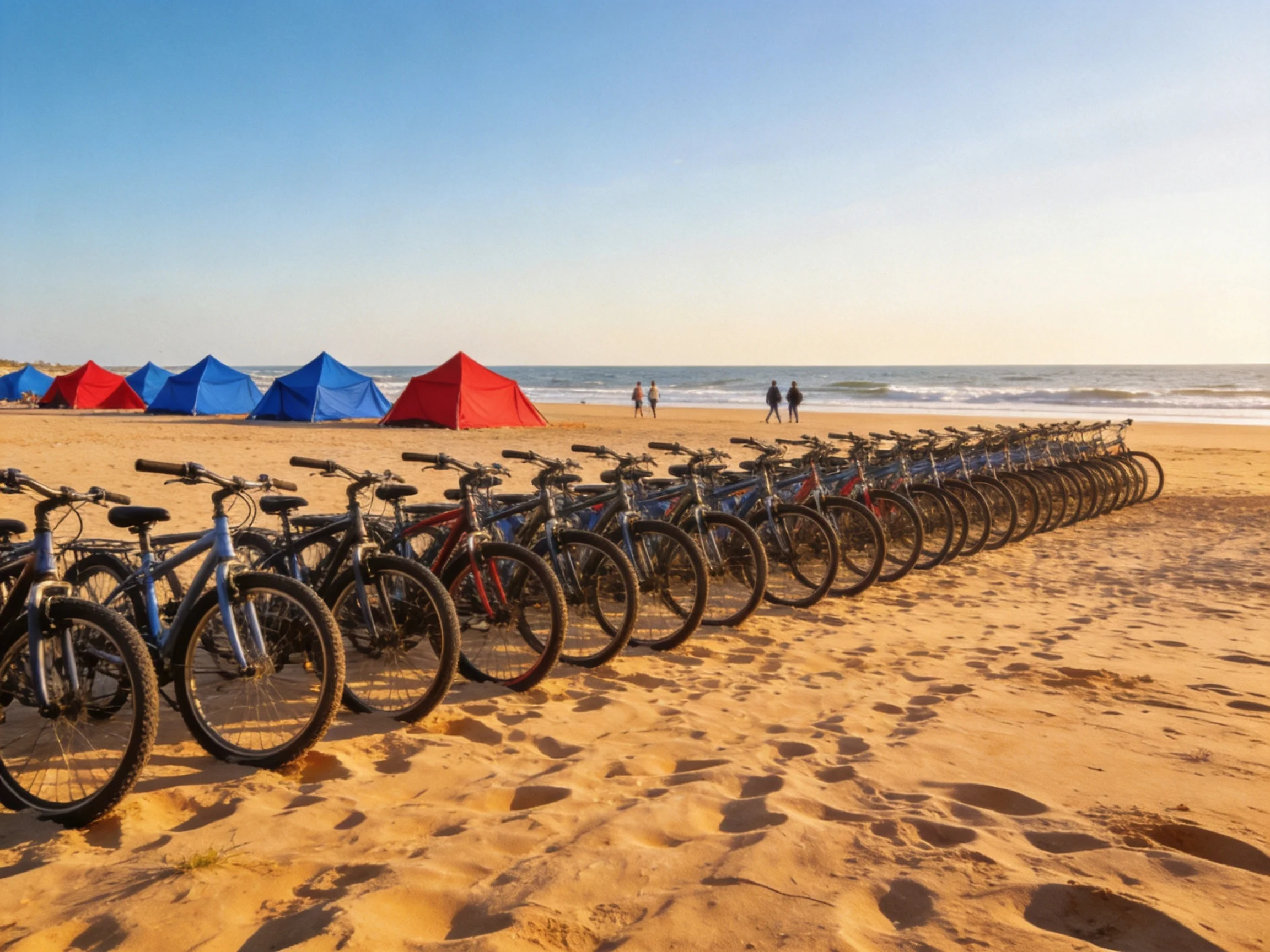 Twenty bicycles lined up on sandy beach near blue and red tents