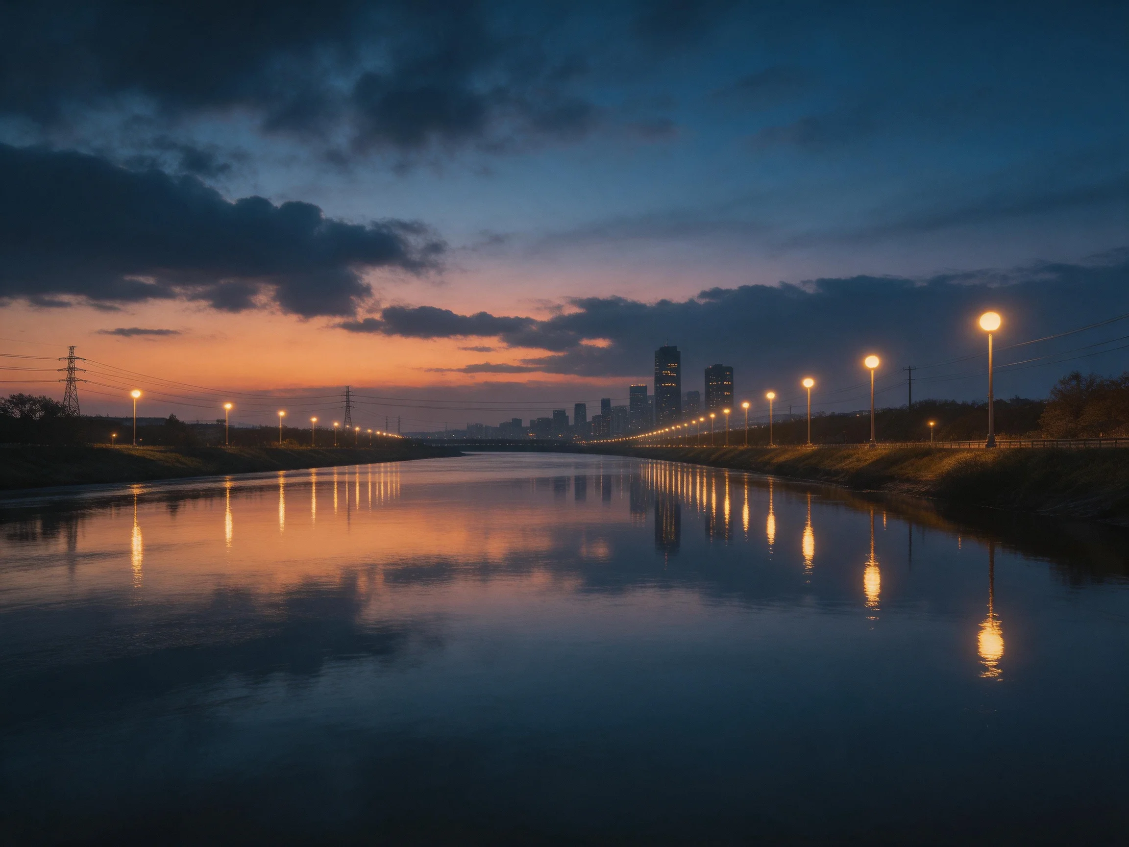 Twilight River Reflects Street Lamps and City Skyline