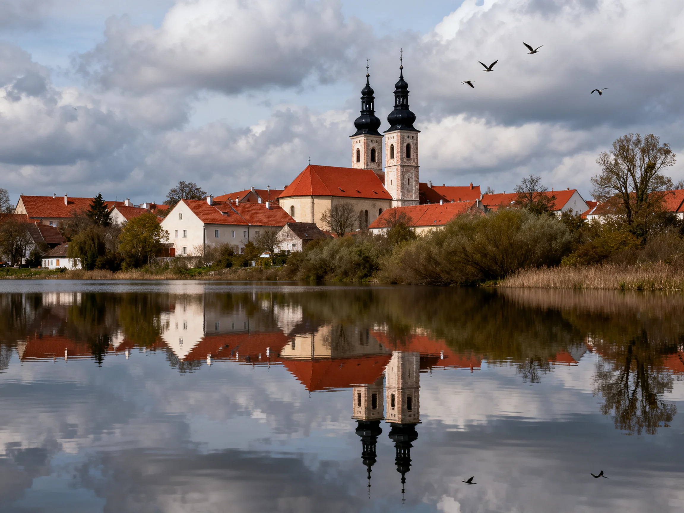 Twin-spired church, red-roofed village, calm water reflection