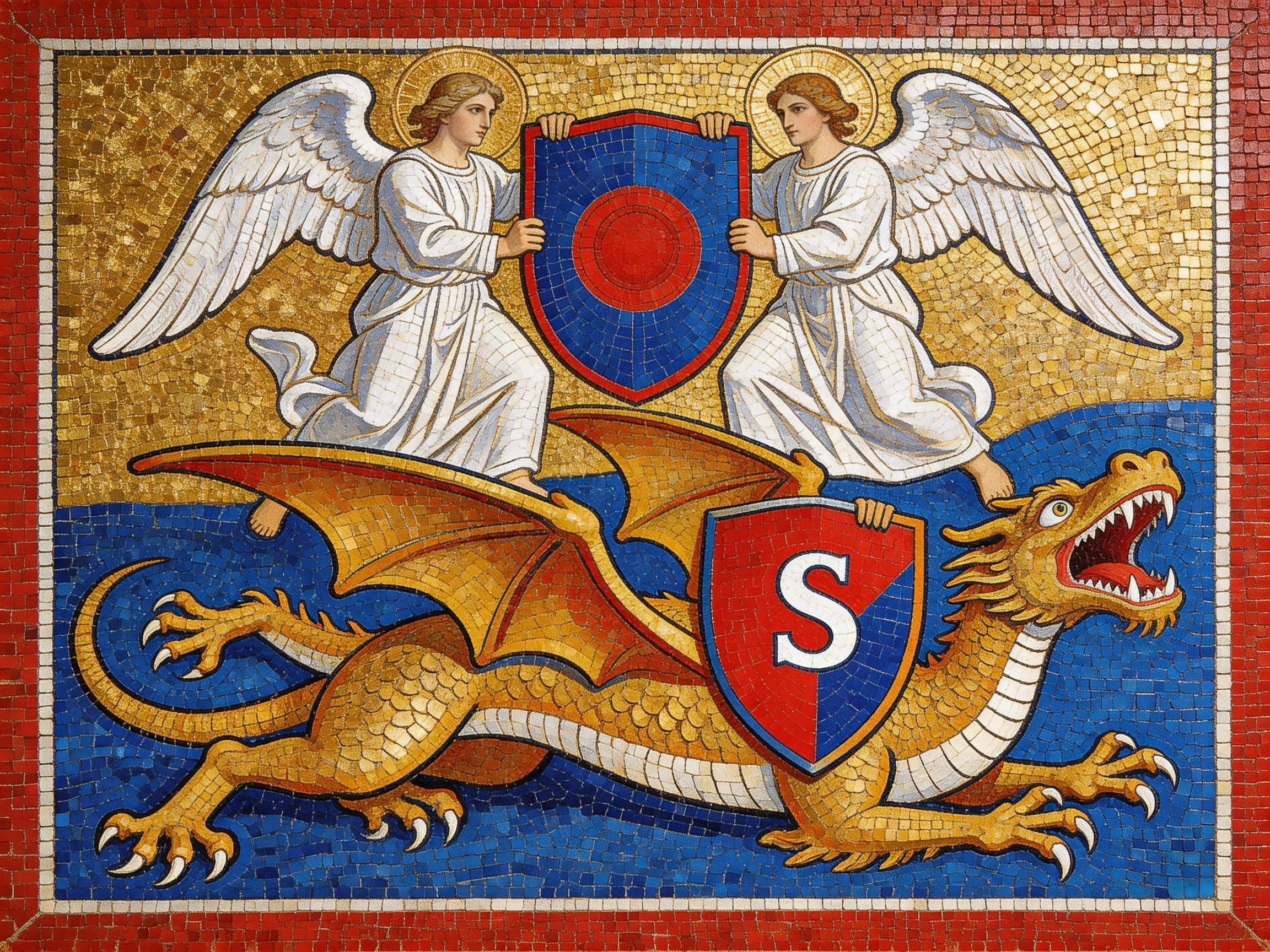 Two Angels Riding a Golden Dragon with Blue and Red Shields