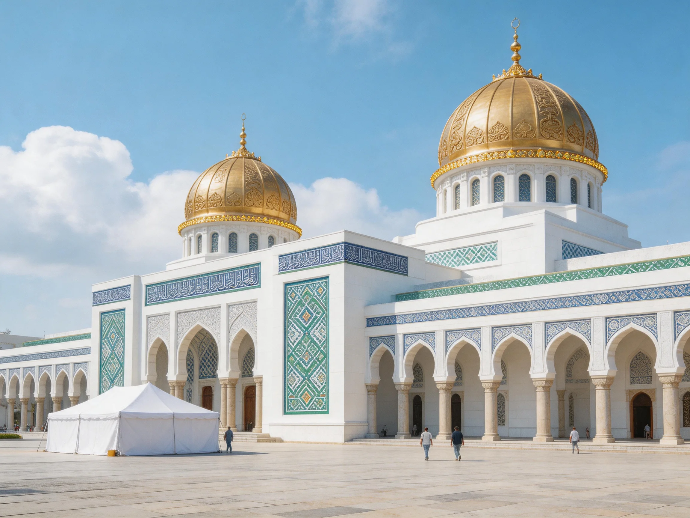 Two Golden-Domed Mosques with White Facades and Blue Tile Details