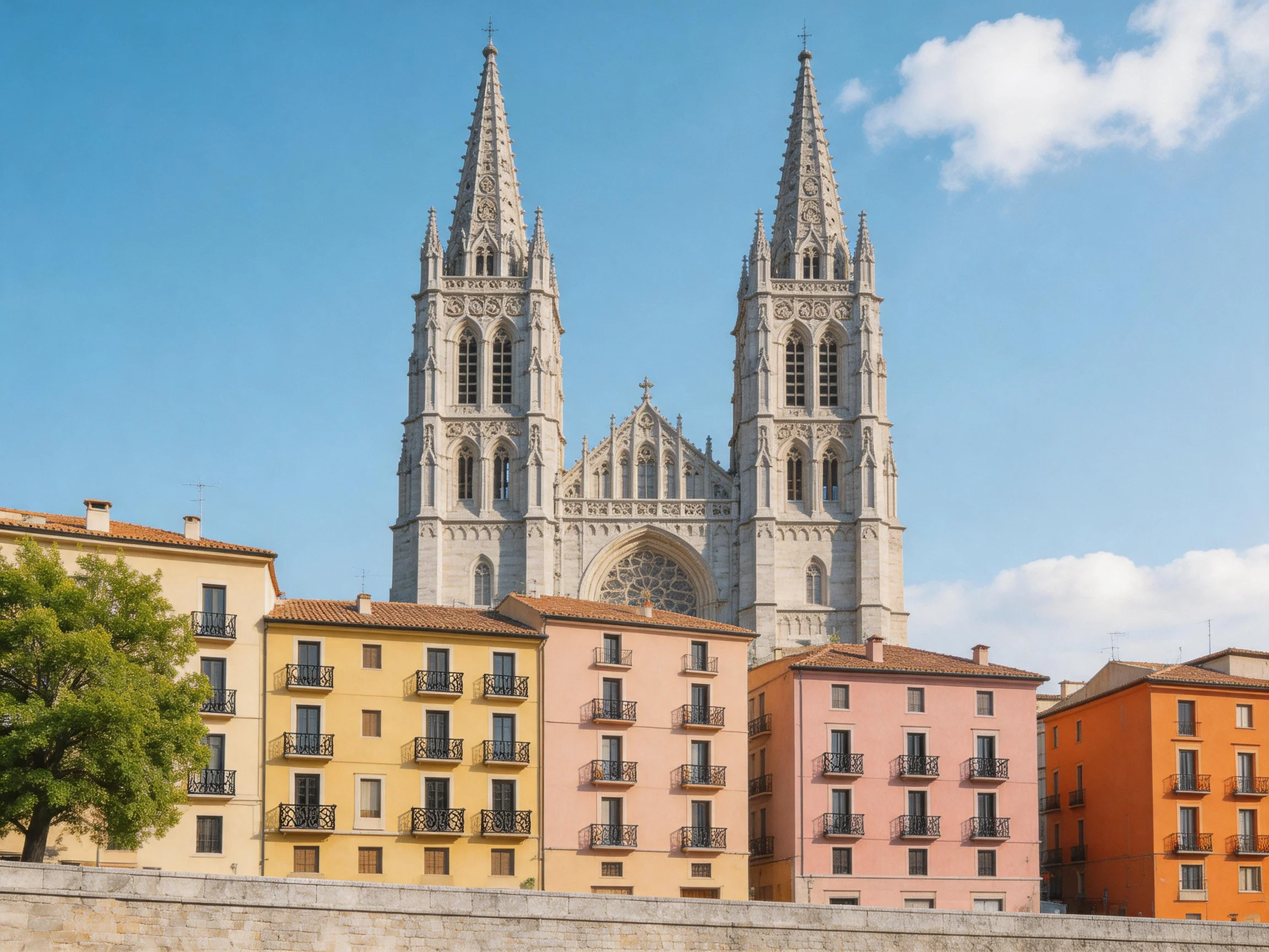 Two Gothic spires tower over colorful townhouses near a stone wall