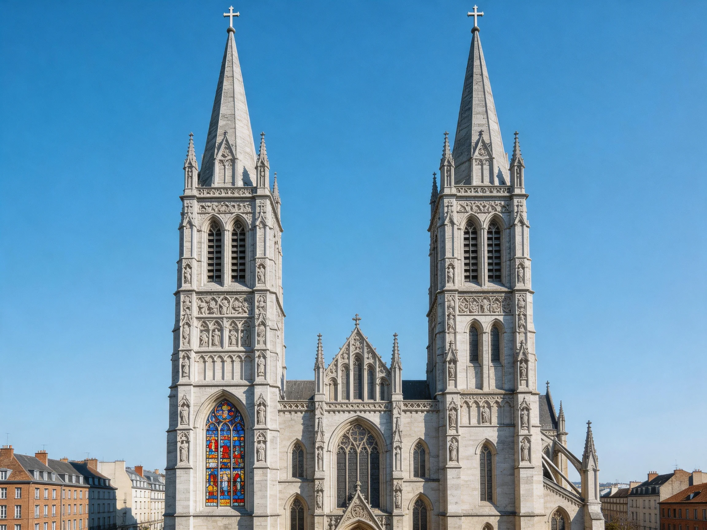 Two Gothic stone towers rise beside a cathedral with colorful stained glass