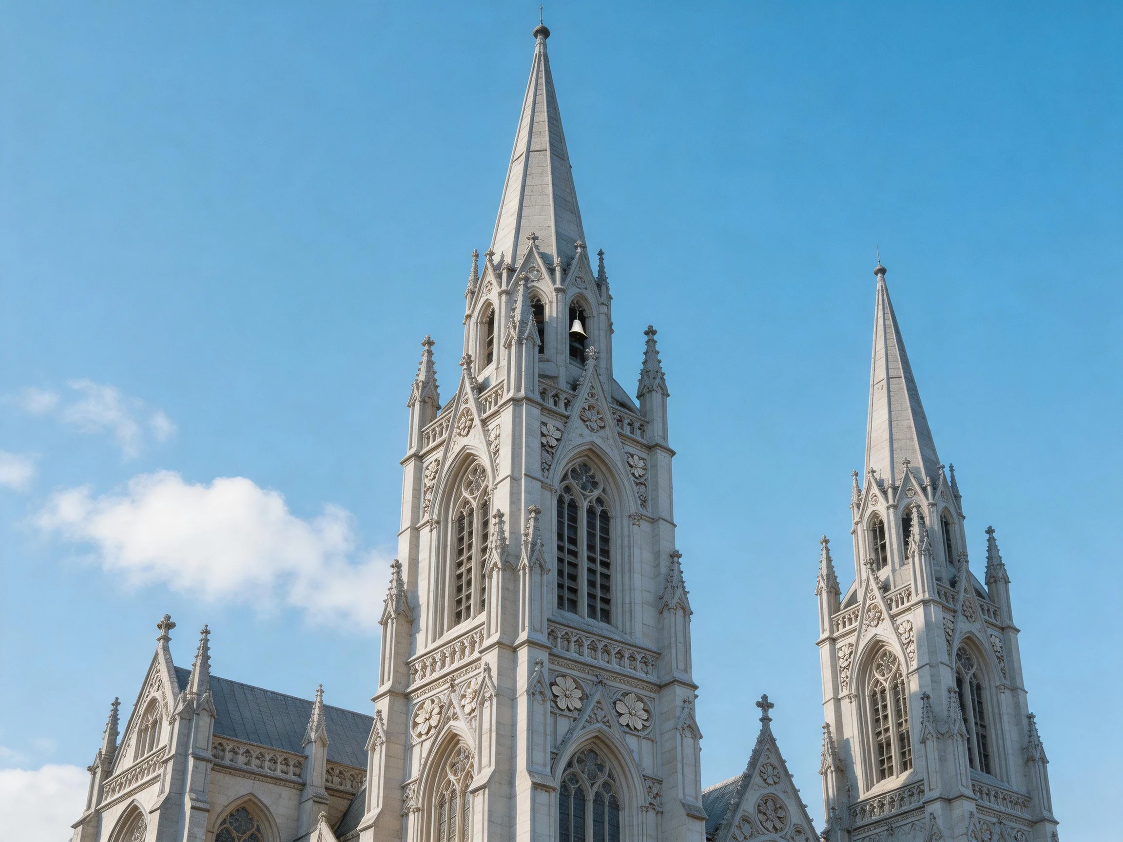 Two Gothic-style stone towers with pointed spires against clear blue sky