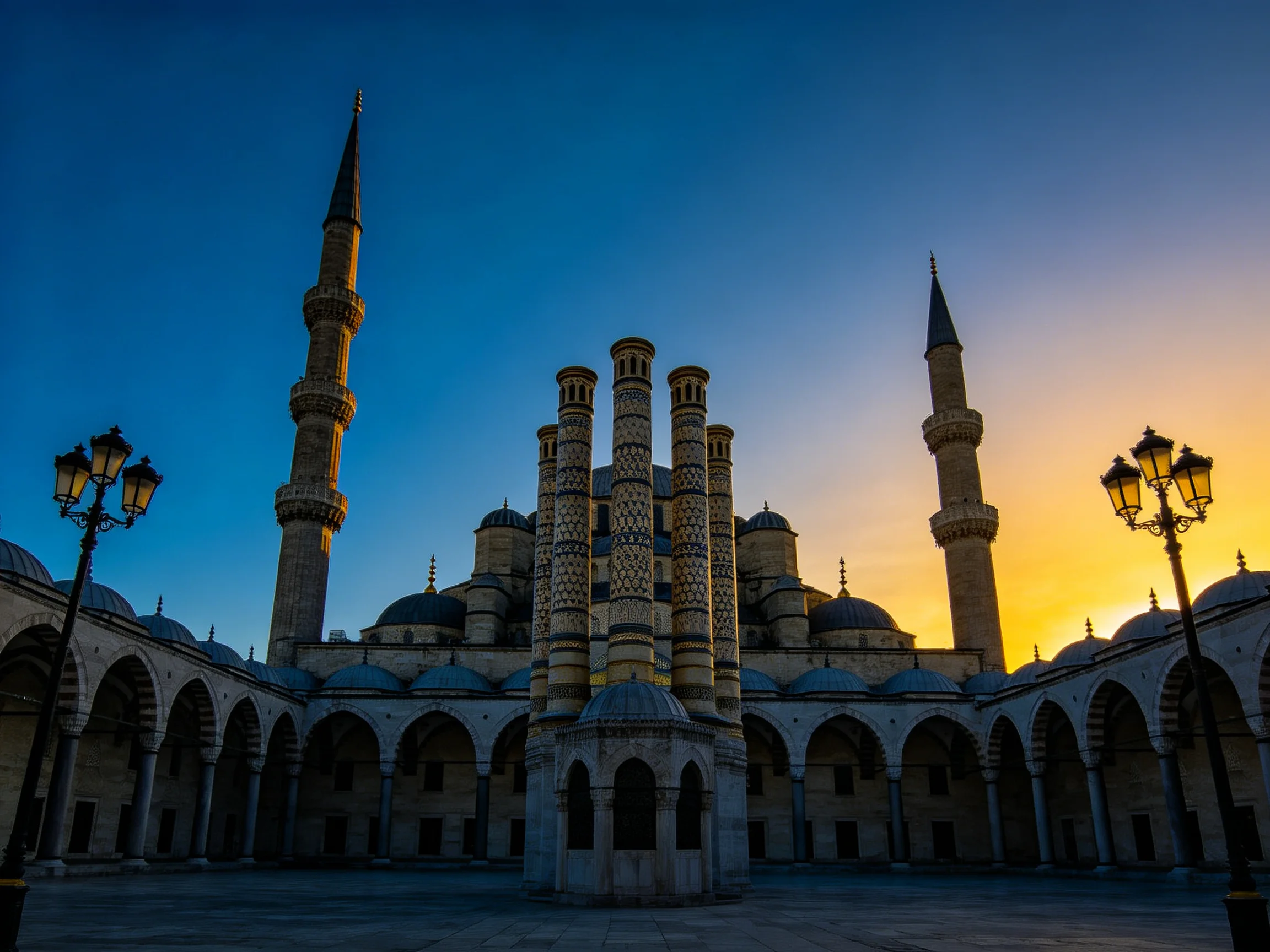 Two Minarets and Ornate Columns of a Historic Mosque at Sunset