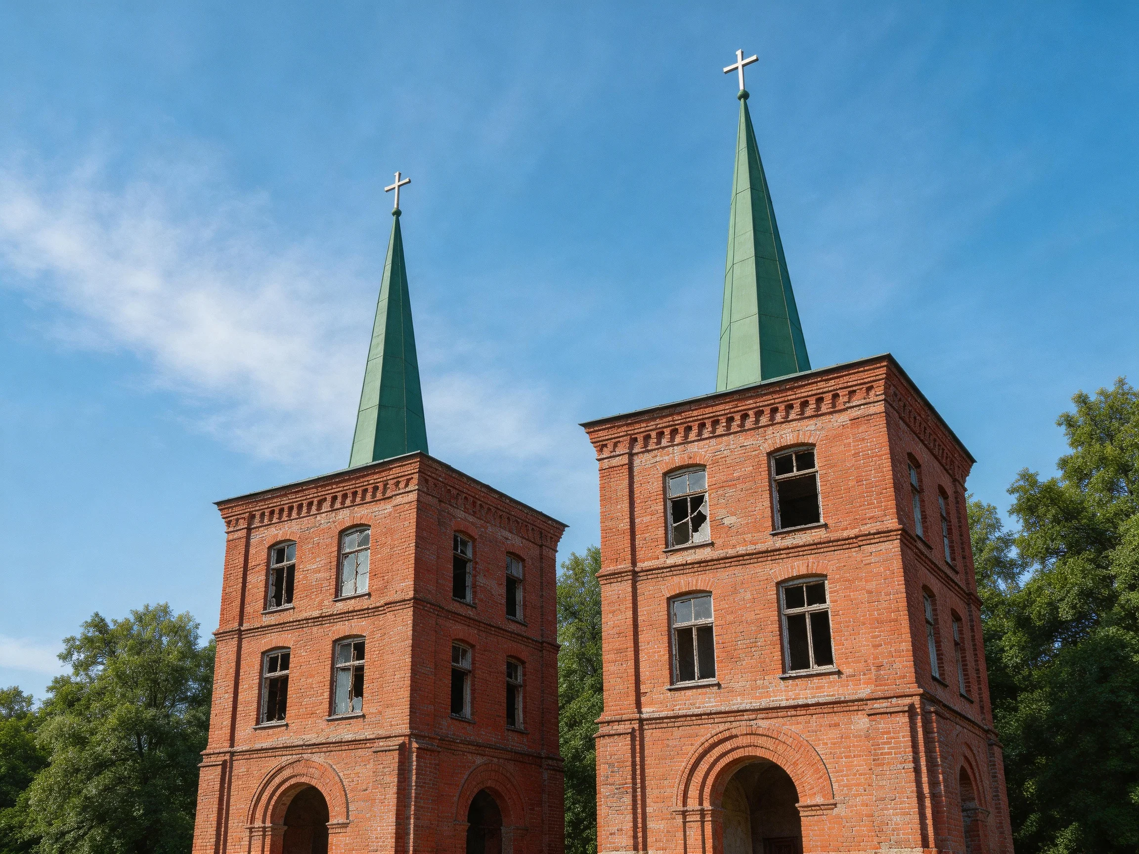 Two Red Brick Towers with Green Steeples and Crosses