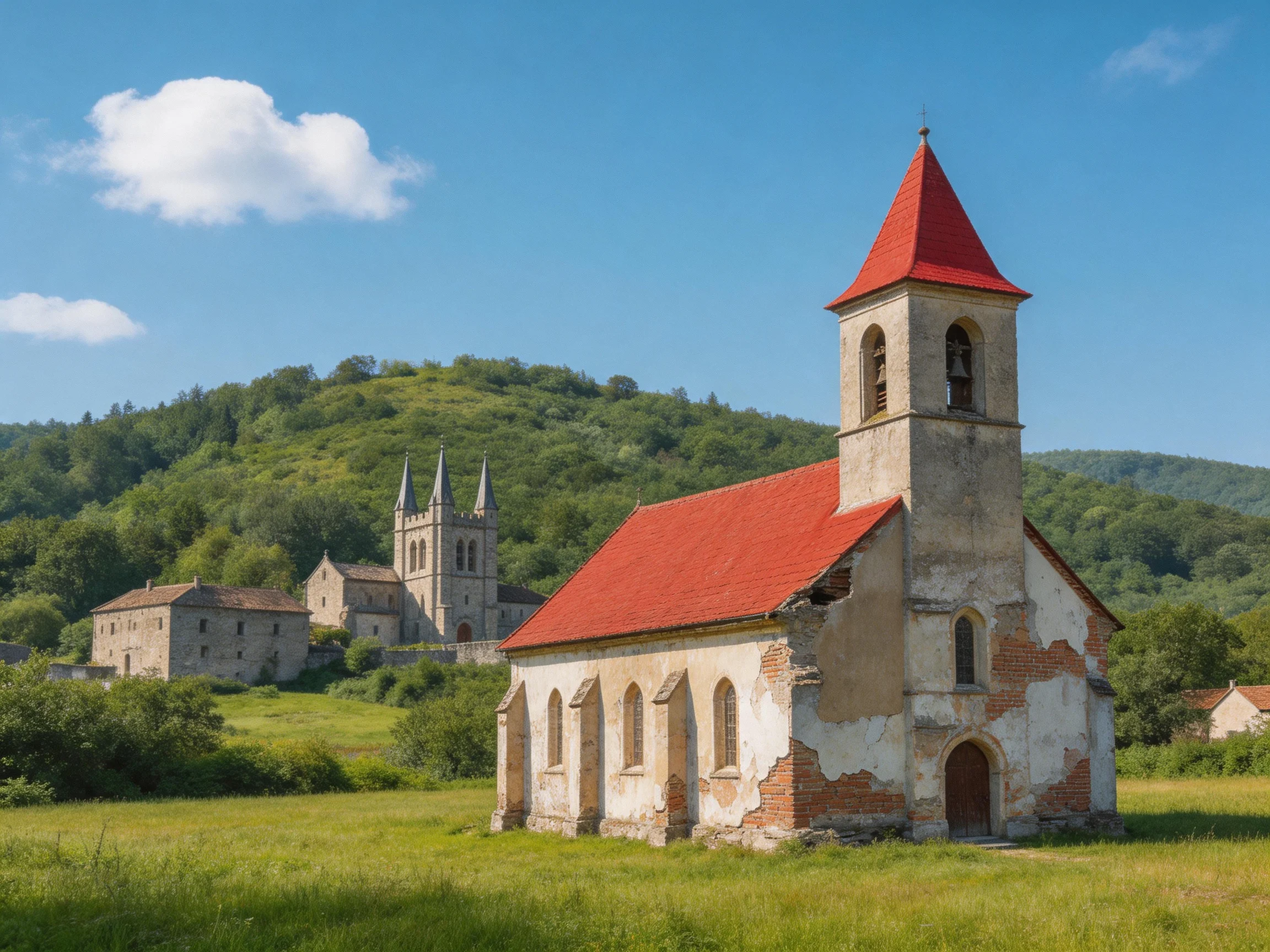 Two aged churches with red roofs amid green hills