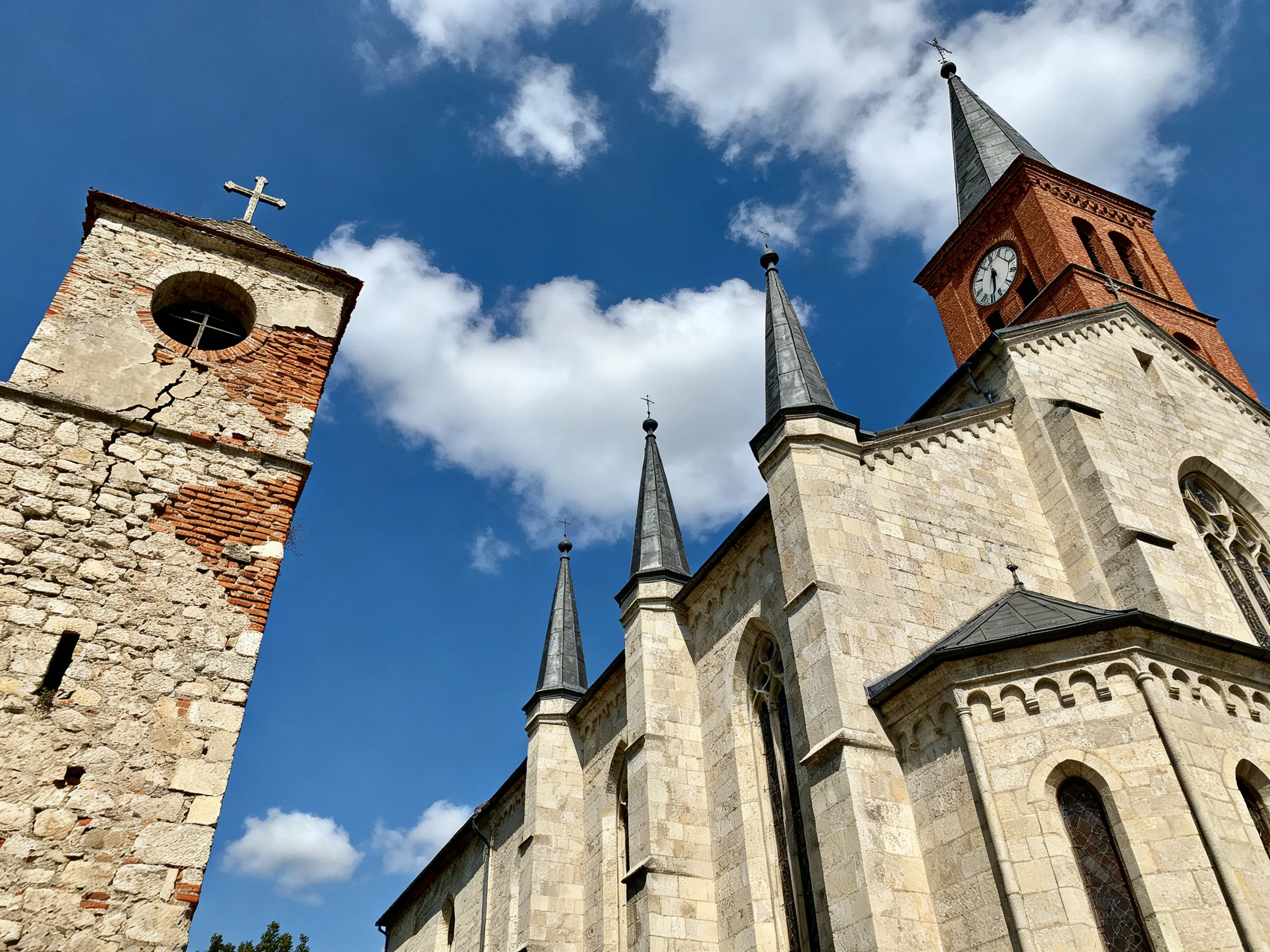 Two aged stone and brick towers near a grand church beneath clear blue sky