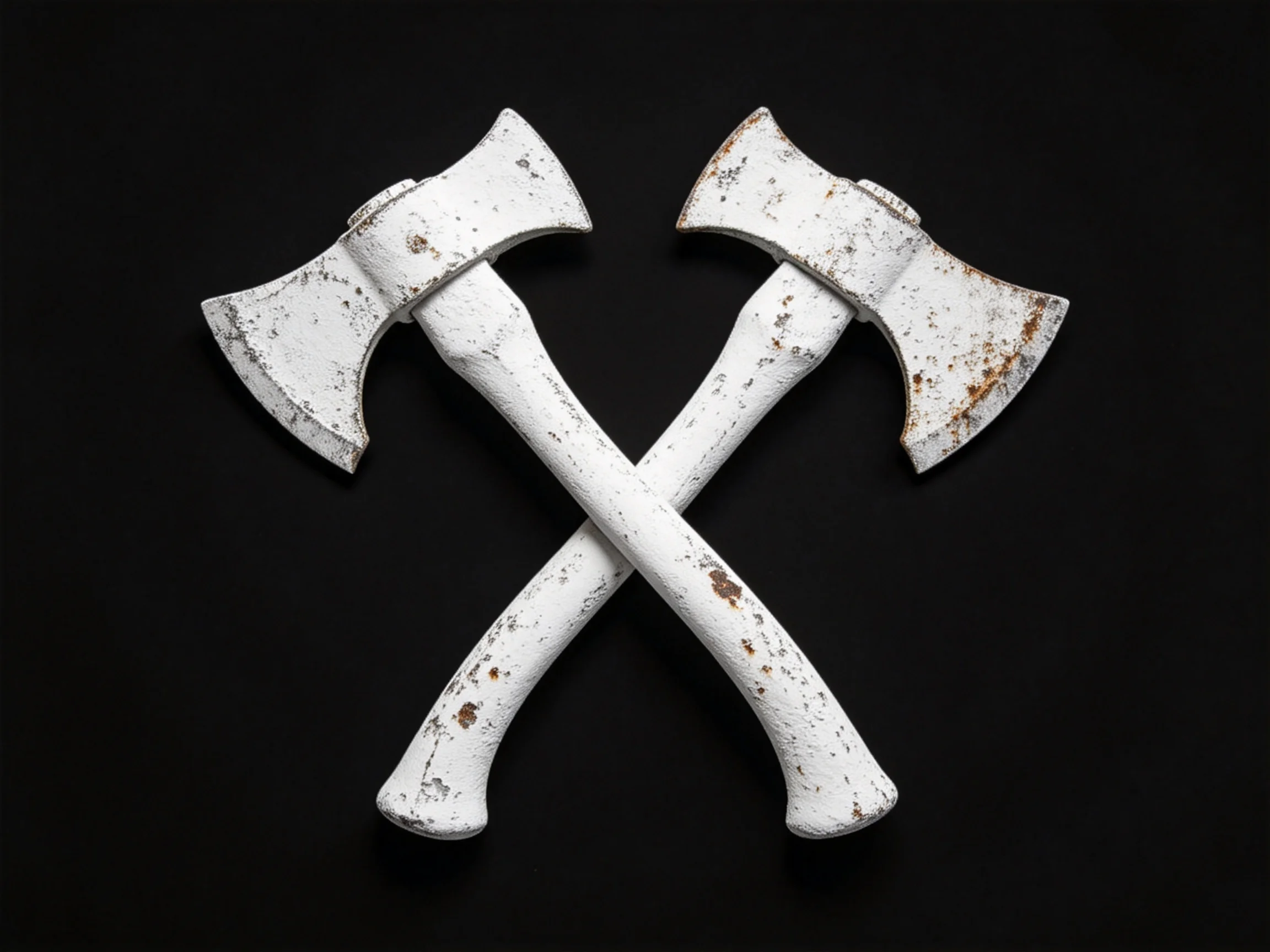 Two aged white axes crossed over each other on a black backdrop