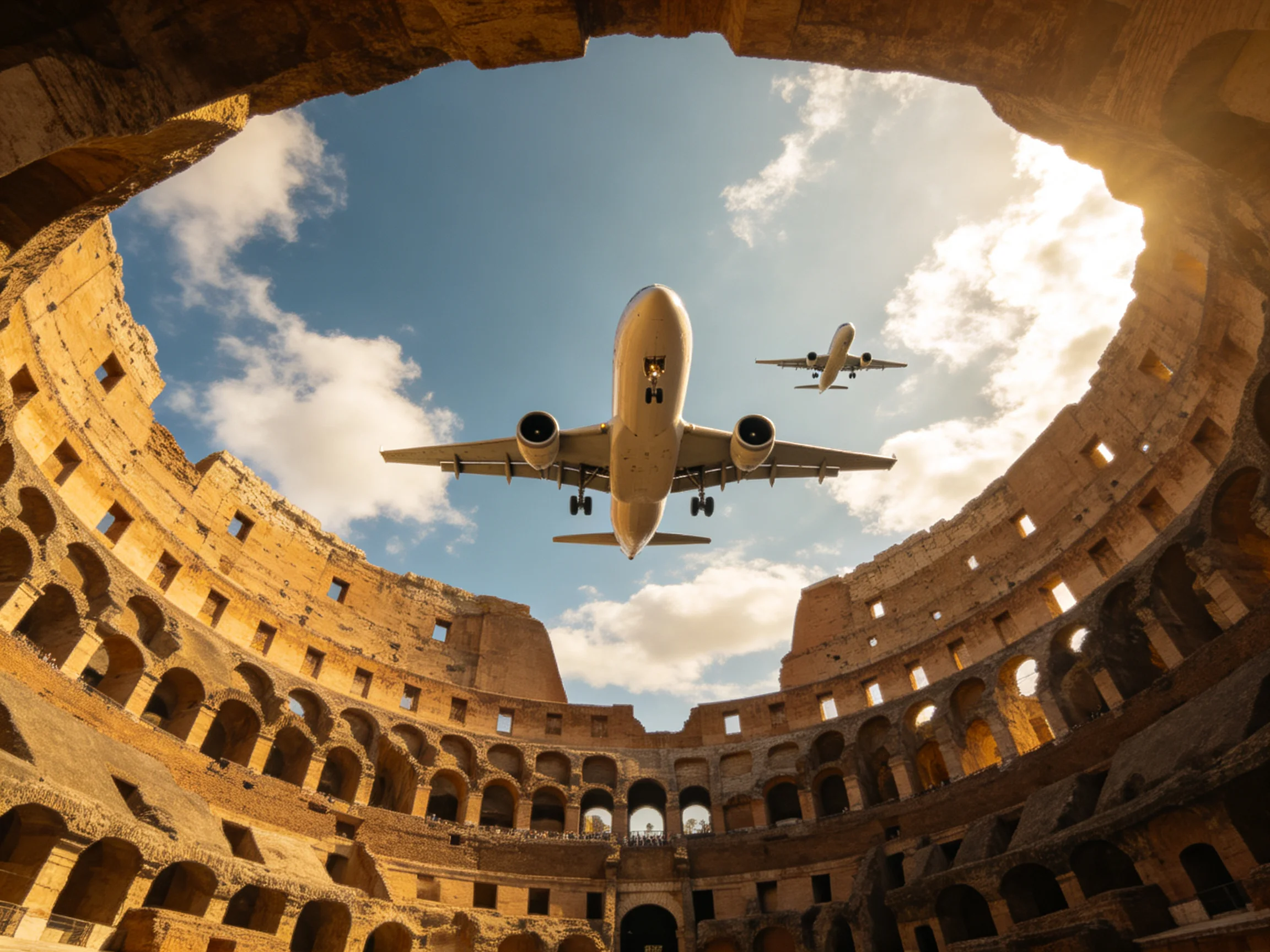 Two aircraft fly over the ancient Colosseums stone arches